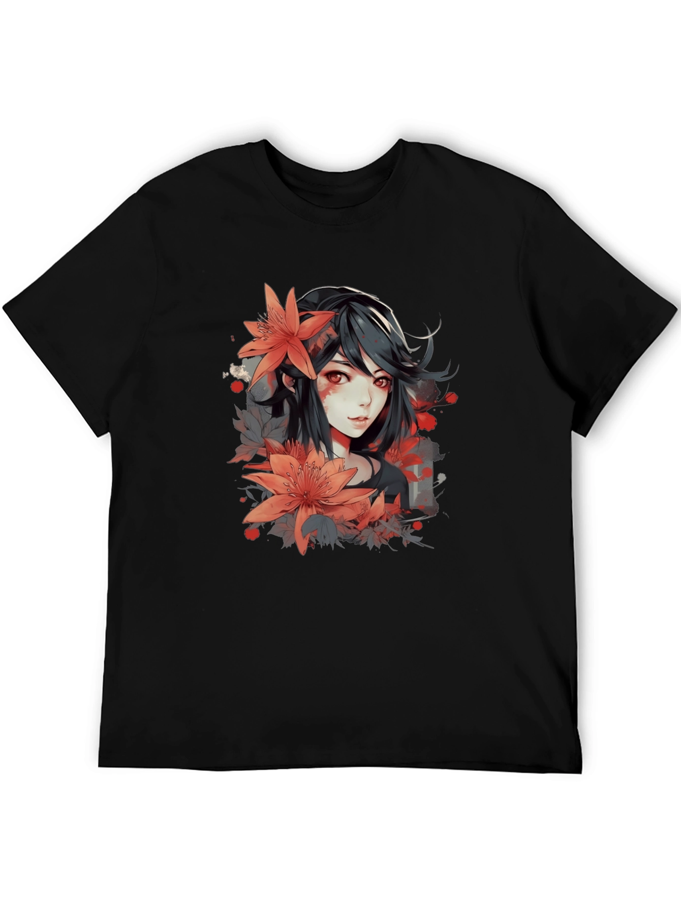 Anime Girl Floral Graphic Black T-Shirt