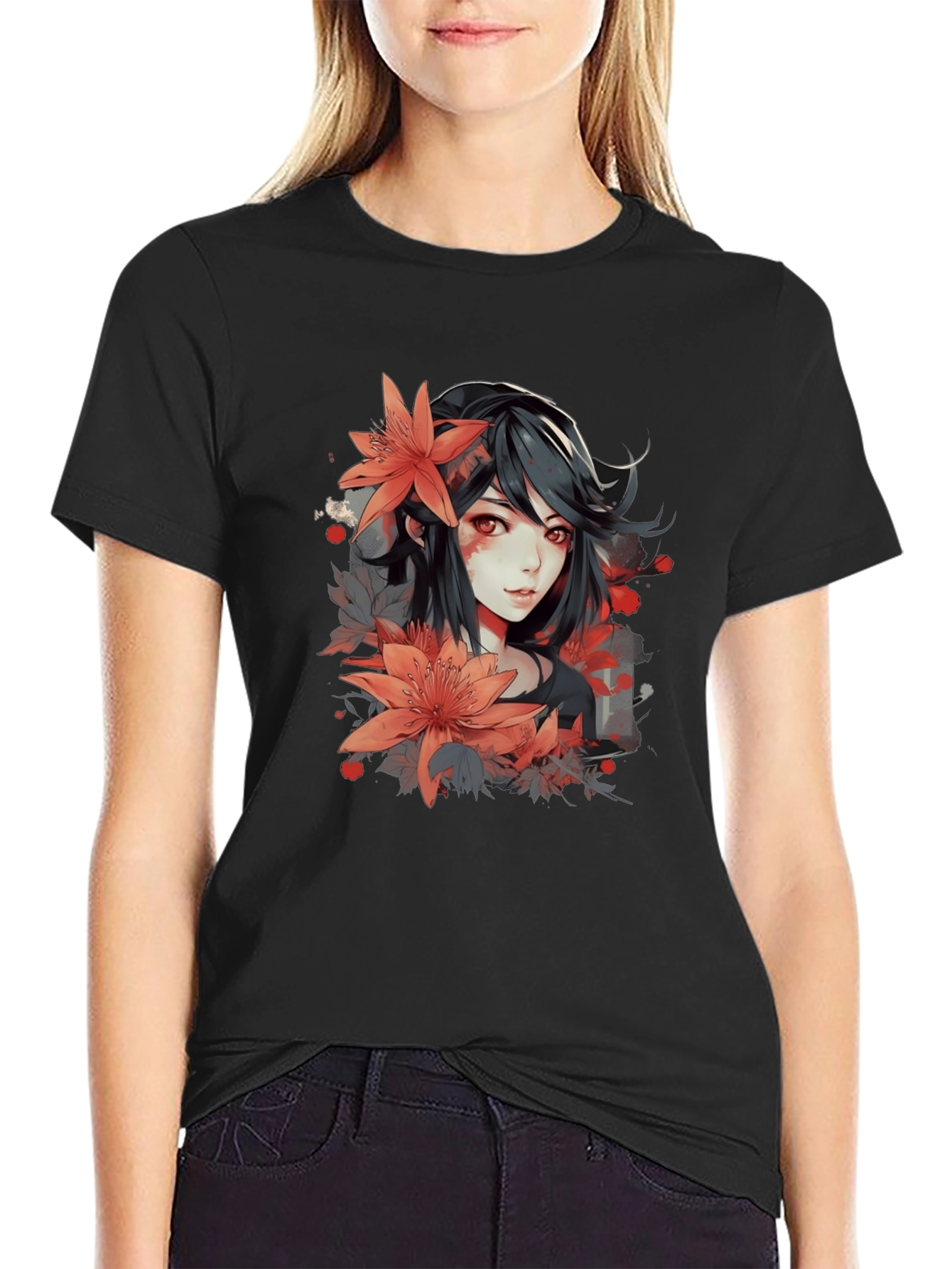 Anime Girl Floral Graphic Black T-Shirt