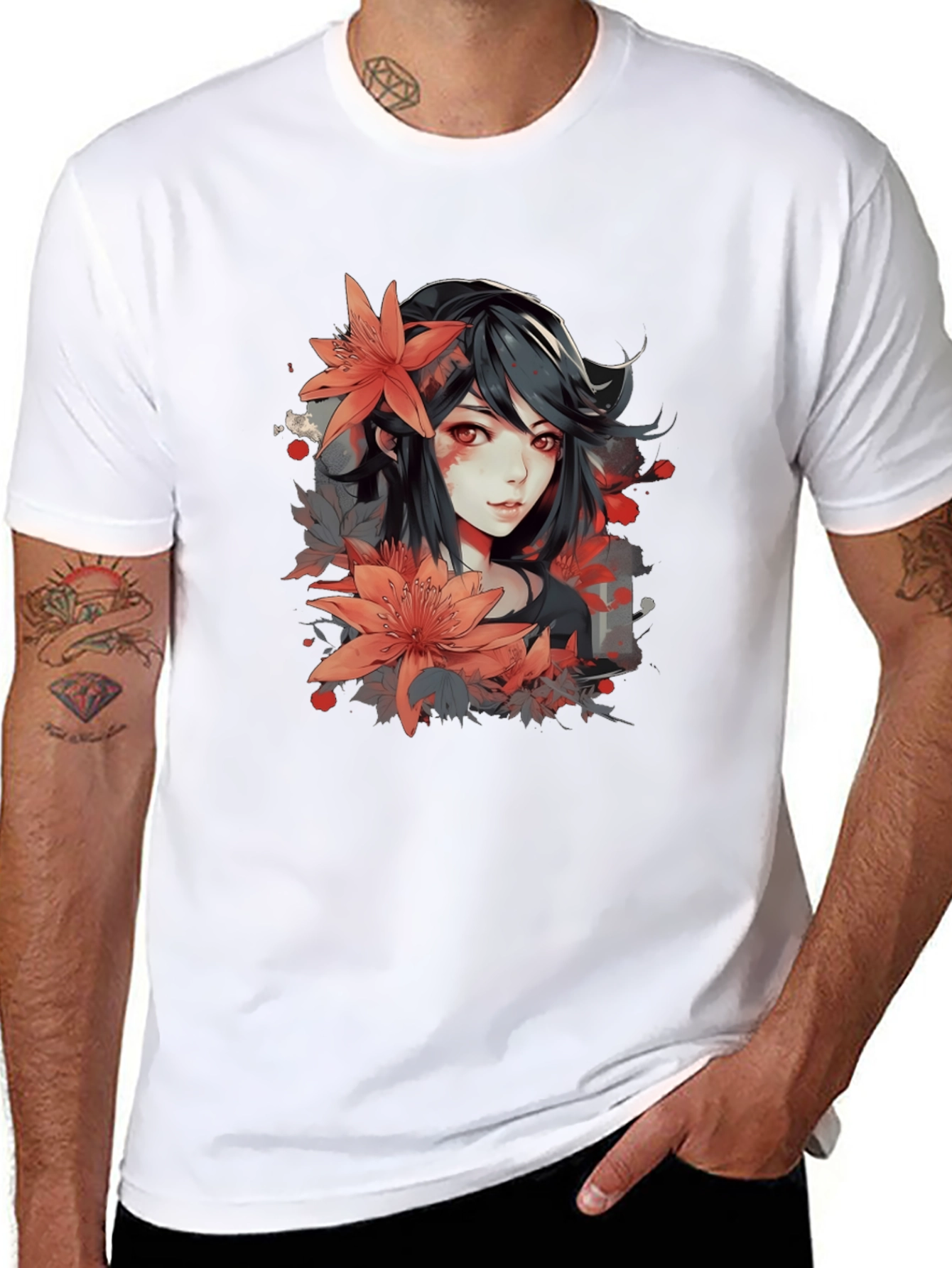 Anime Girl Floral Graphic Black T-Shirt