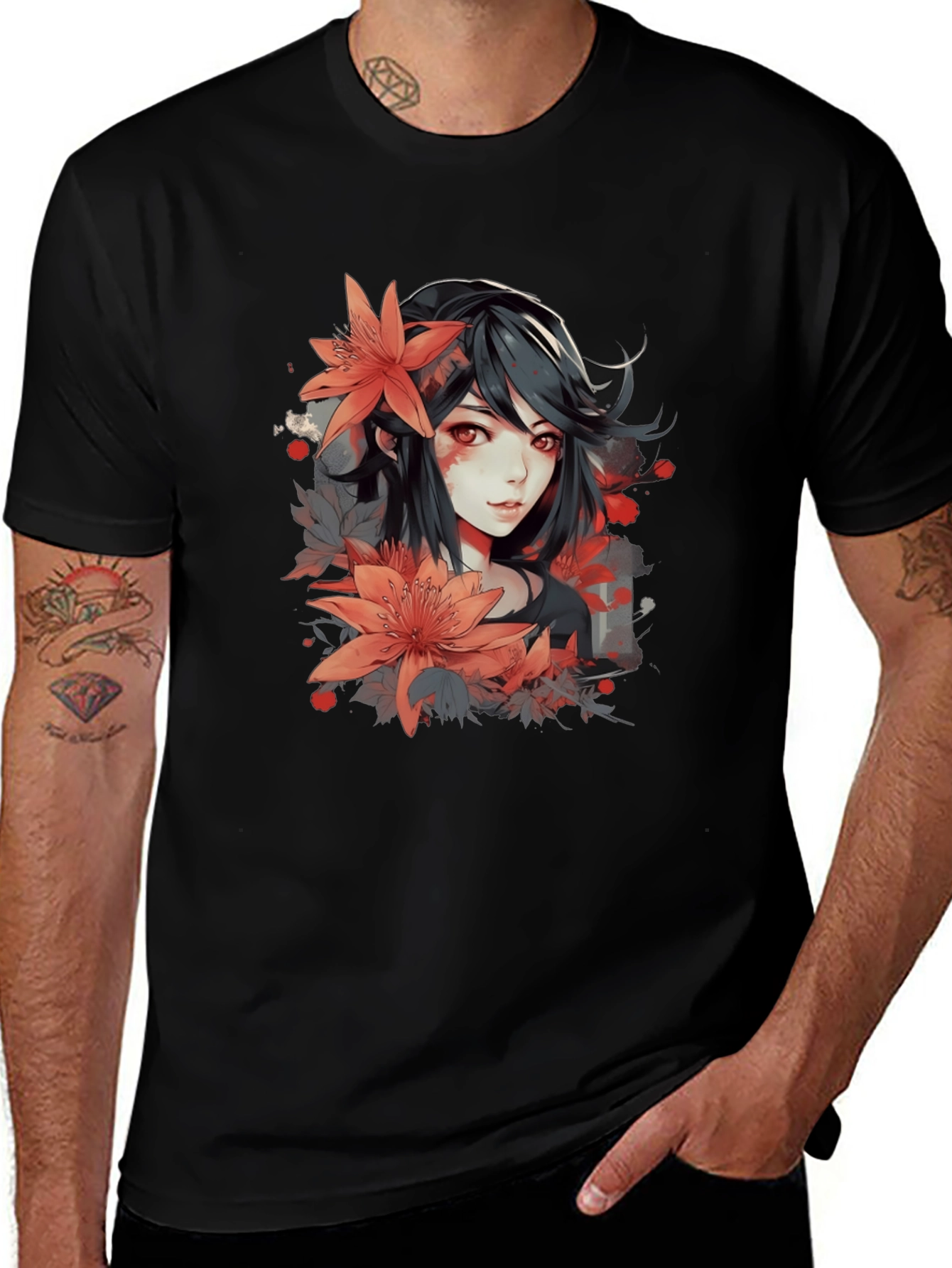 Anime Girl Floral Graphic Black T-Shirt