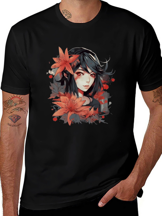 Anime Girl Floral Graphic Black T-Shirt