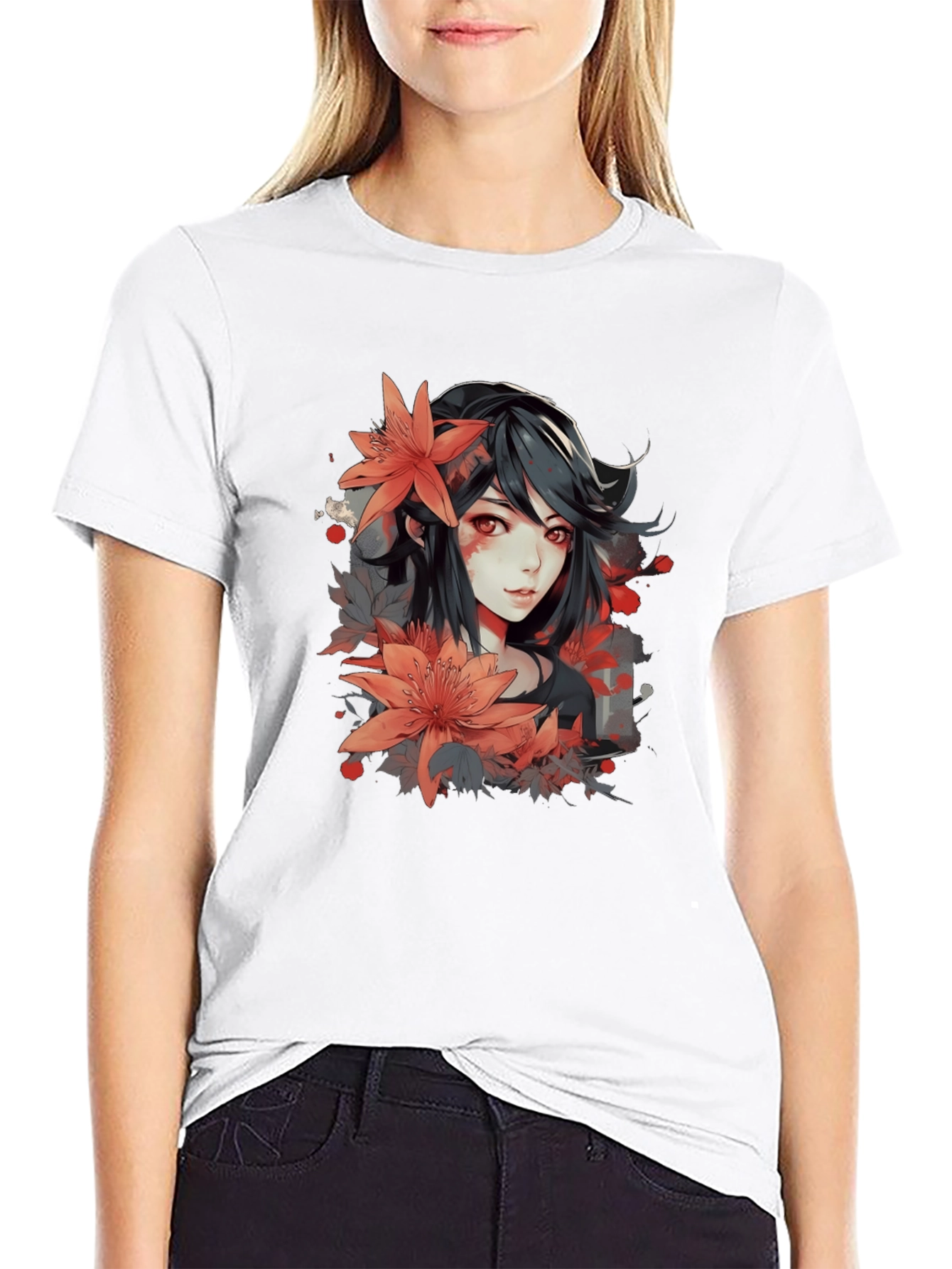 Anime Girl Floral Graphic Black T-Shirt
