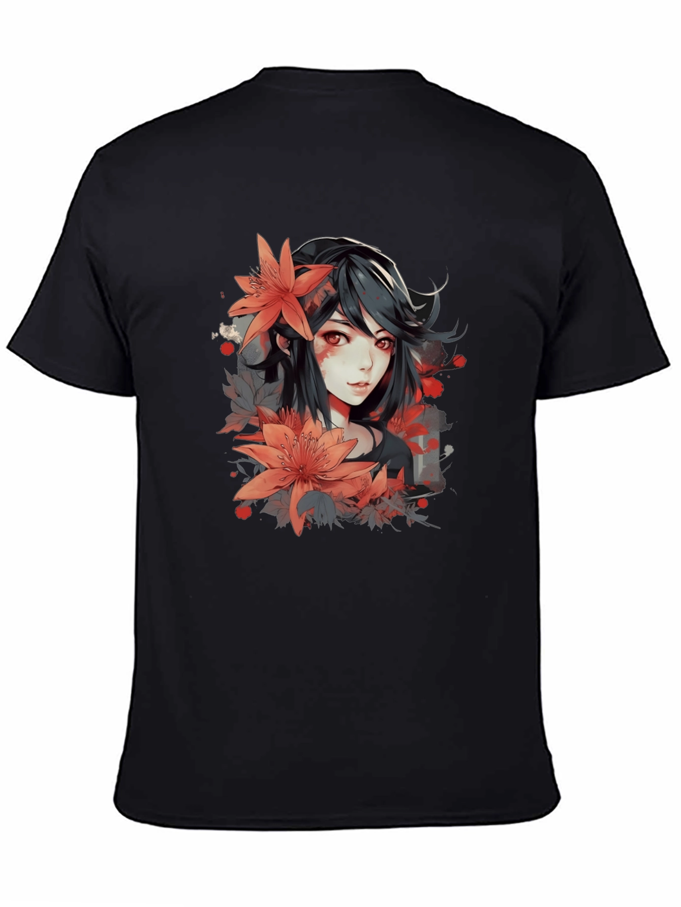 Anime Girl Floral Graphic Black T-Shirt