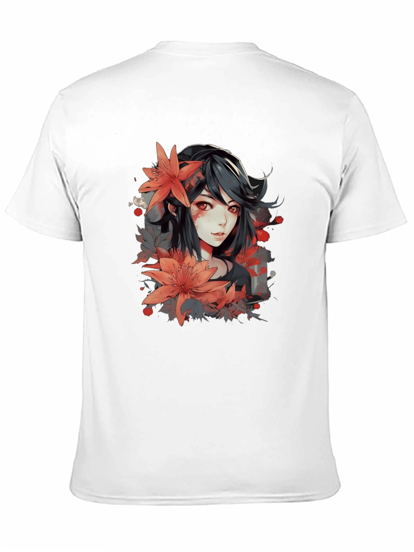 Anime Girl Floral Graphic Black T-Shirt