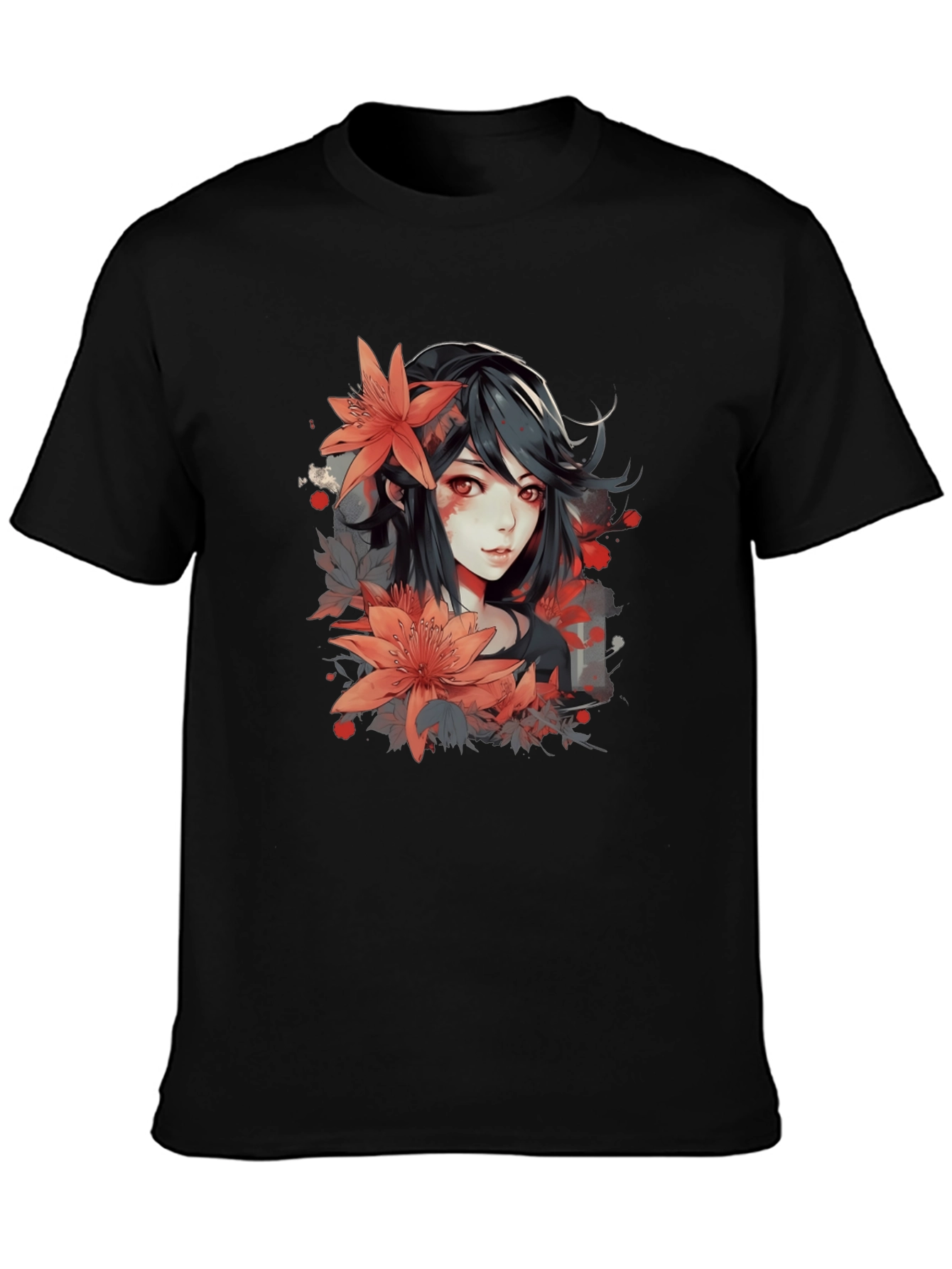 Anime Girl Floral Graphic Black T-Shirt
