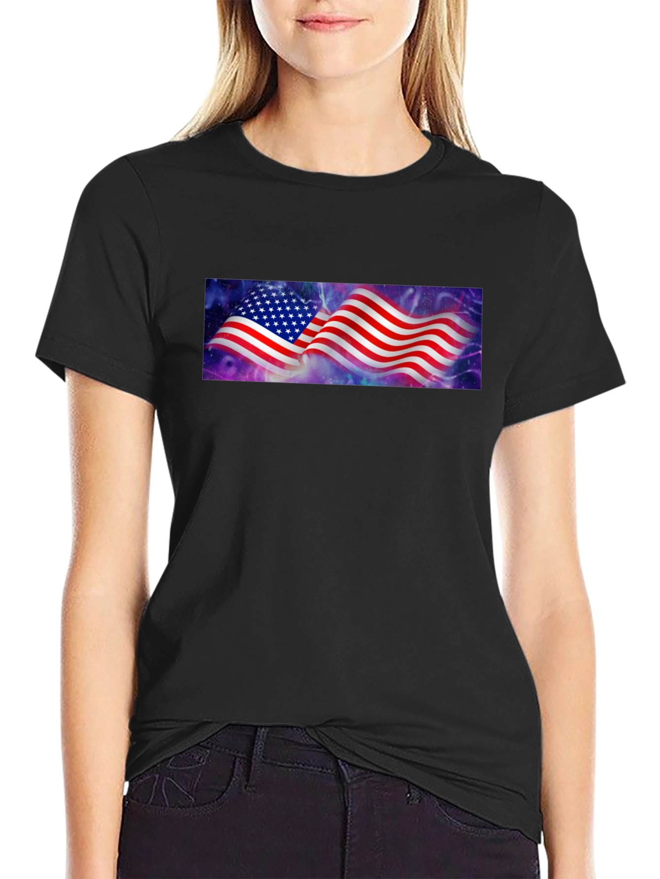 American Flag Galaxy Graphic Tee - Black