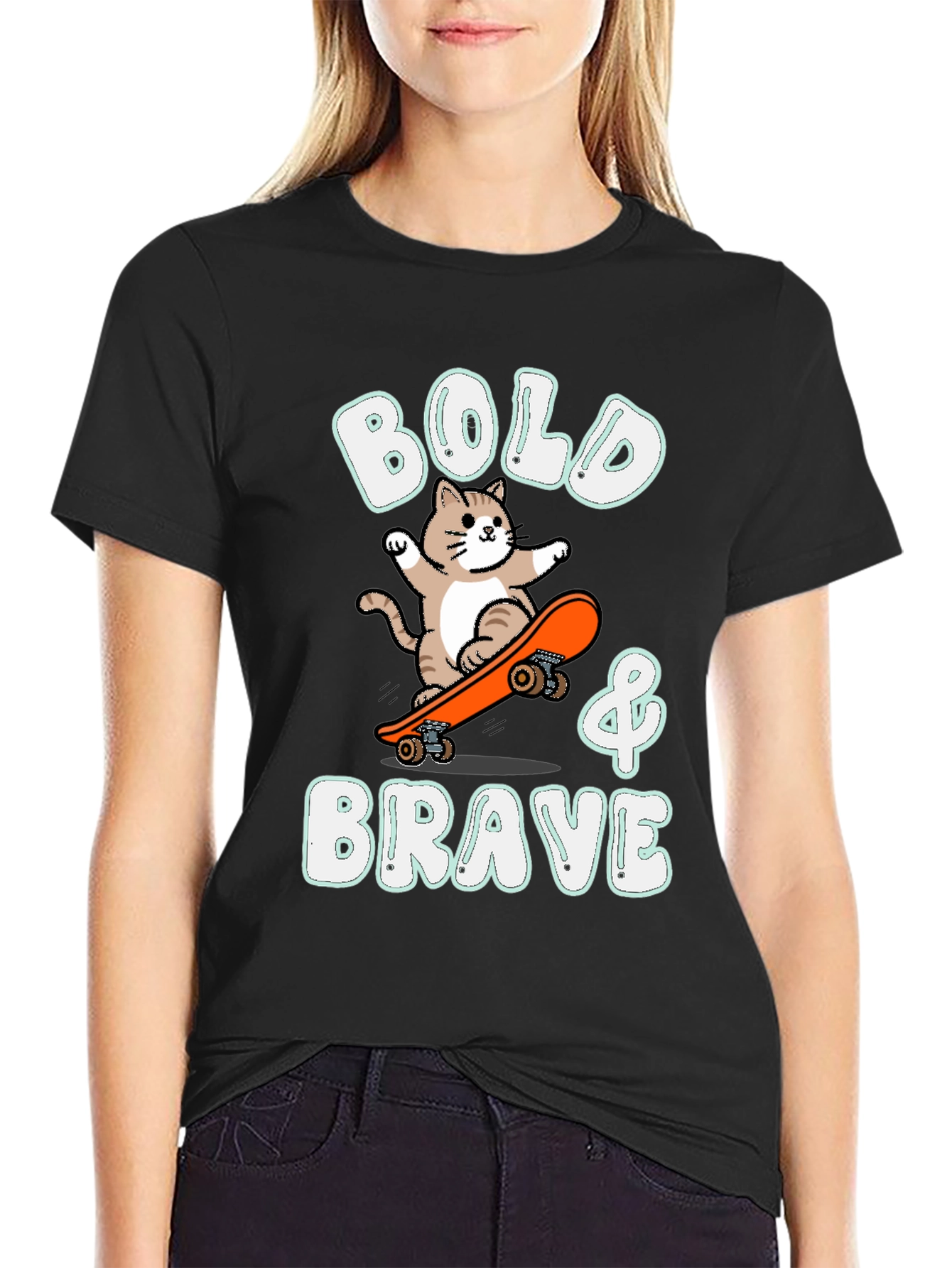 Bold & Brave Cat Skateboarder Graphic Tee
