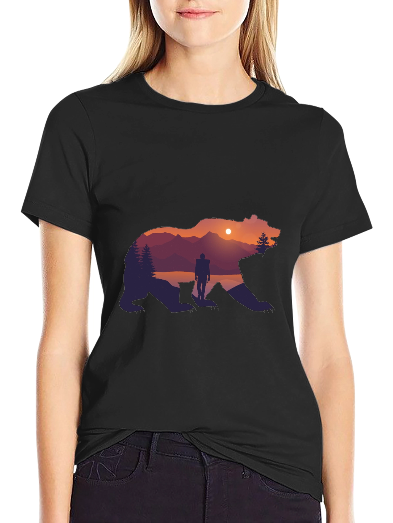 Bear Silhouette Graphic Print Crew Neck T-Shirt