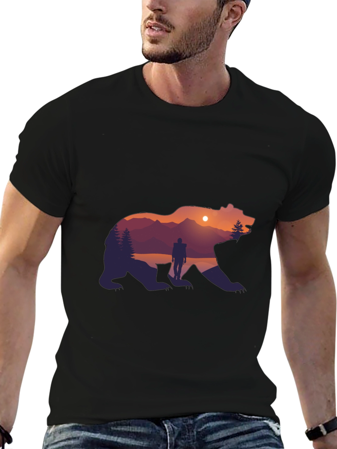 Bear Silhouette Graphic Print Crew Neck T-Shirt