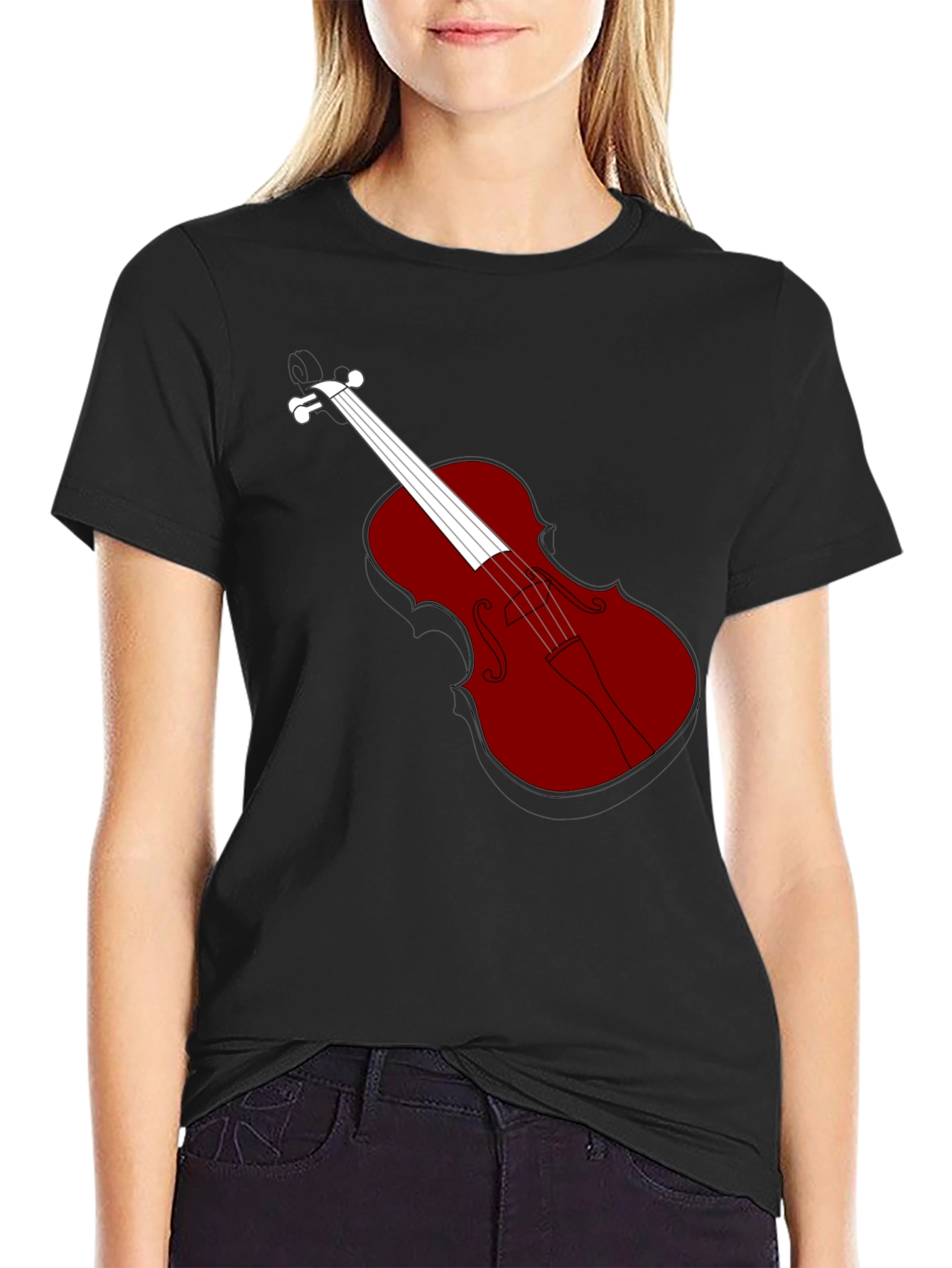 Violin Graphic Tee - Black Cotton Blend T-Shirt