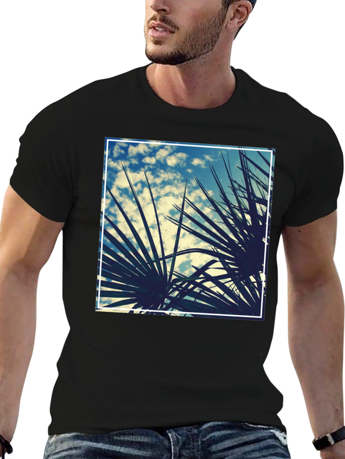 Tropical Palms Graphic Tee - Black Cotton Shirt