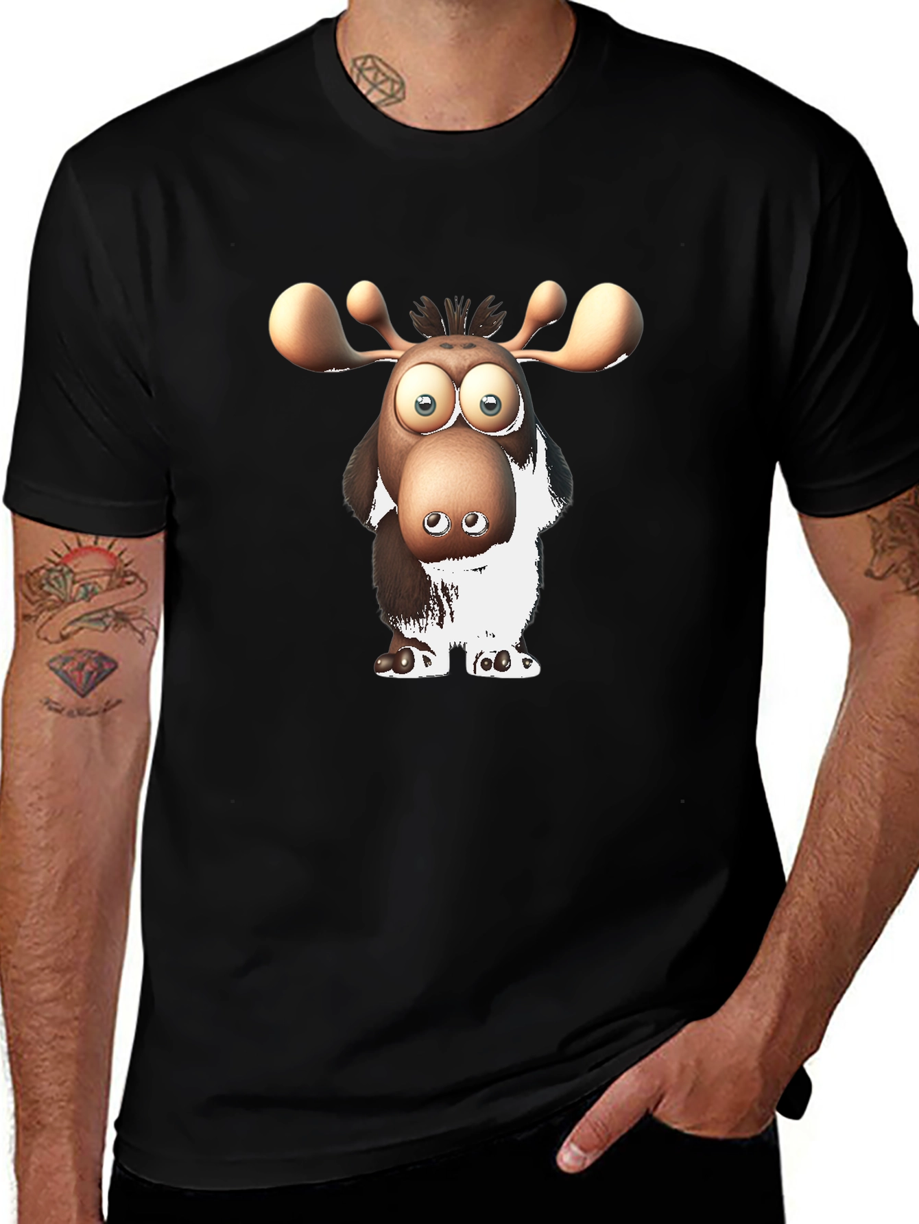 Cartoon Moose Graphic Black T-Shirt