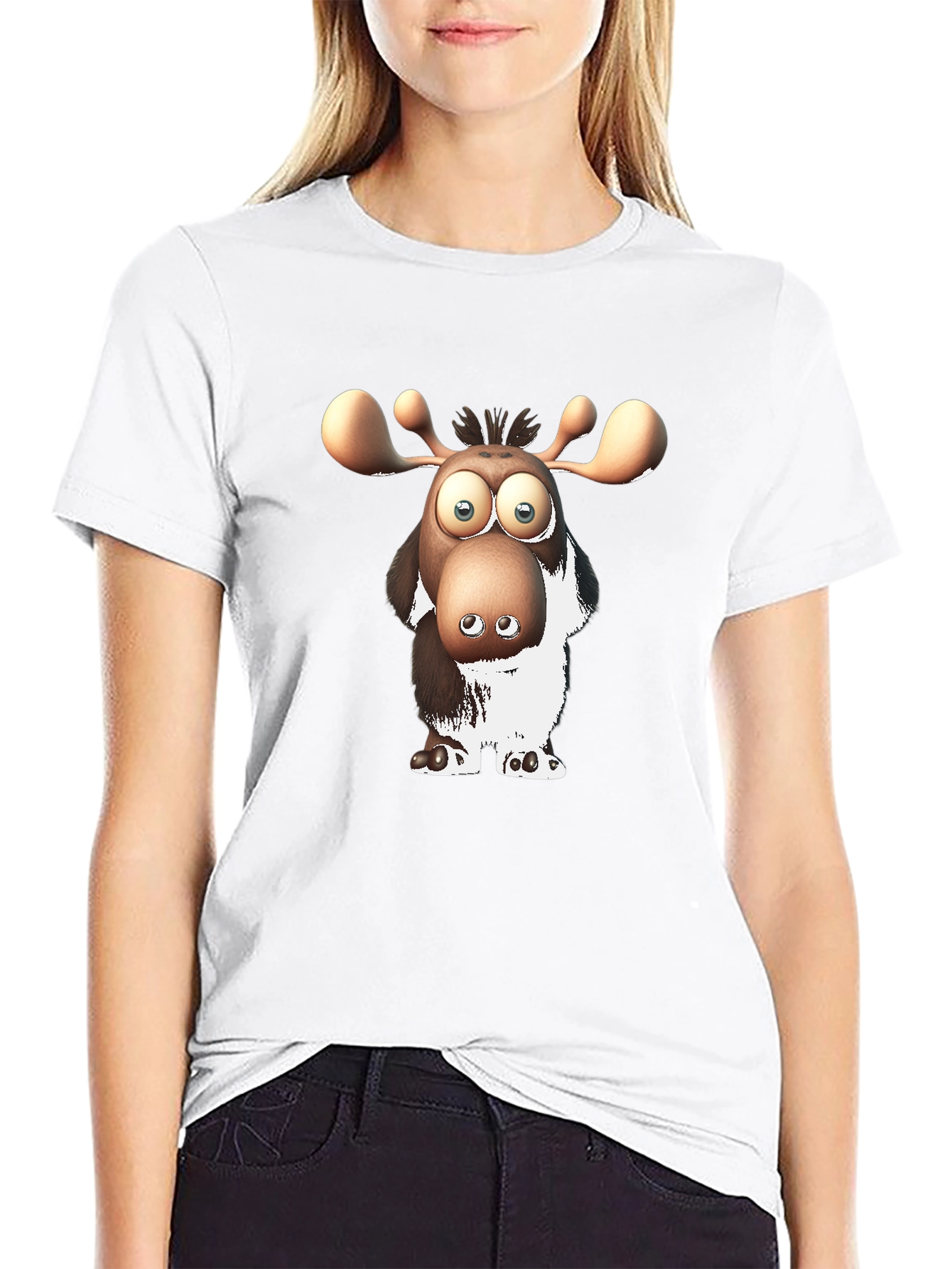Cartoon Moose Graphic Black T-Shirt