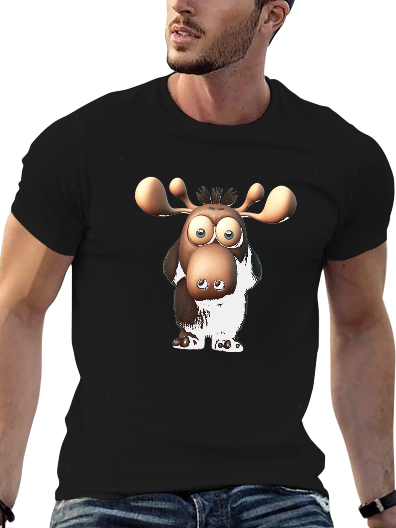Cartoon Moose Graphic Black T-Shirt
