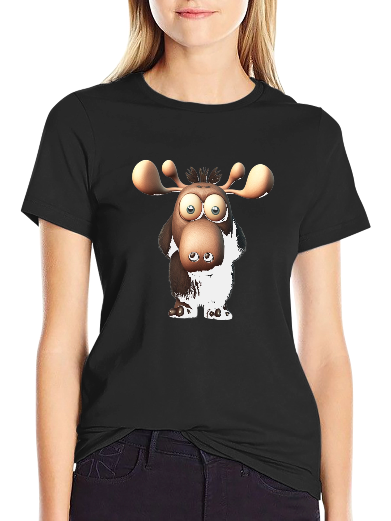 Cartoon Moose Graphic Black T-Shirt