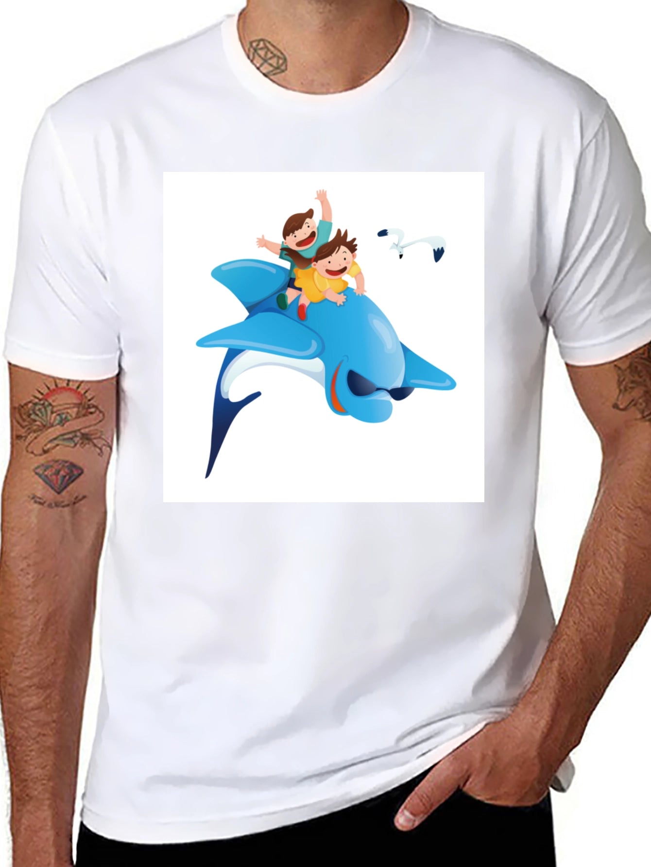 Cartoon Dolphin Ride Black T-Shirt