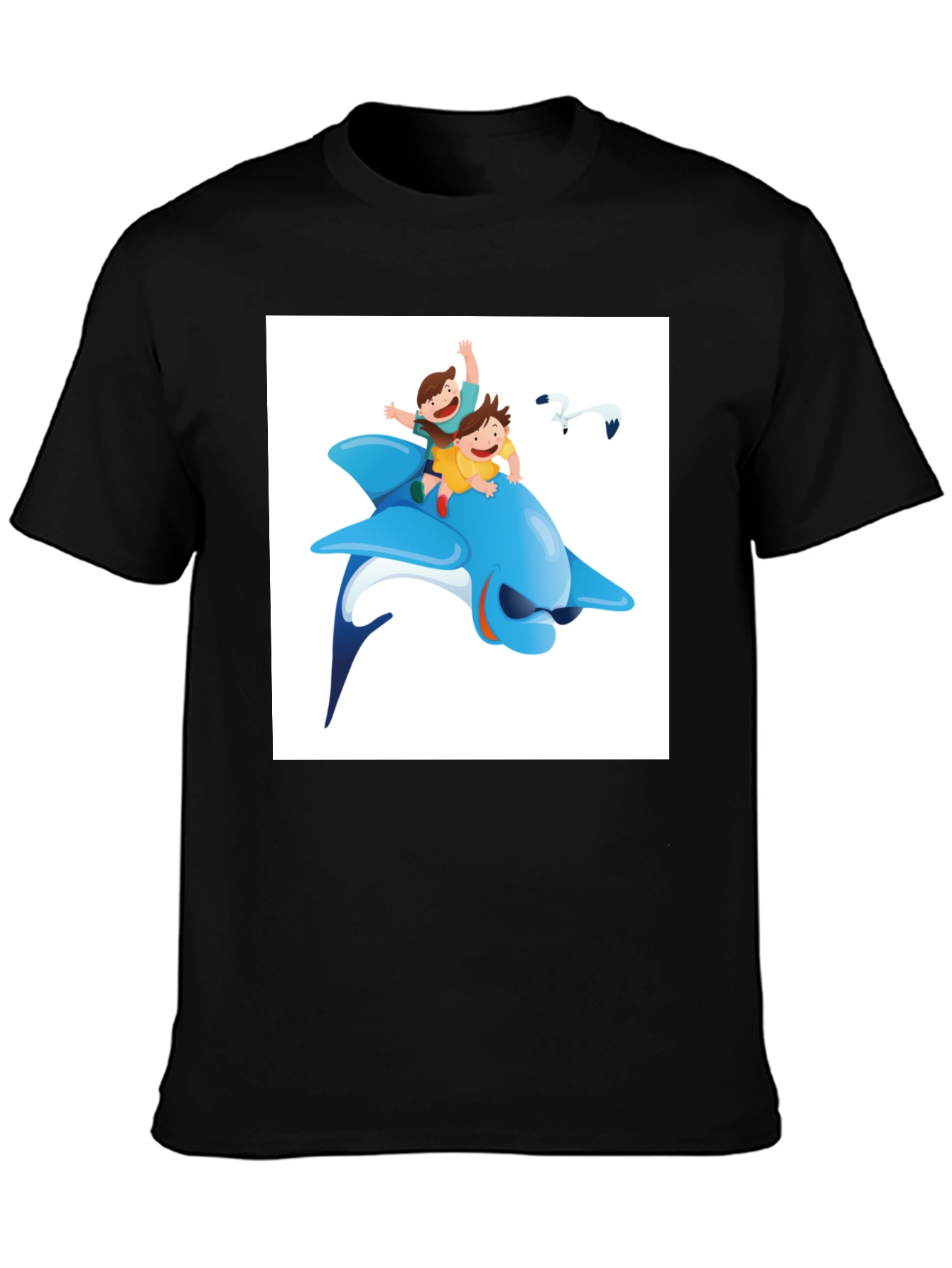 Cartoon Dolphin Ride Black T-Shirt