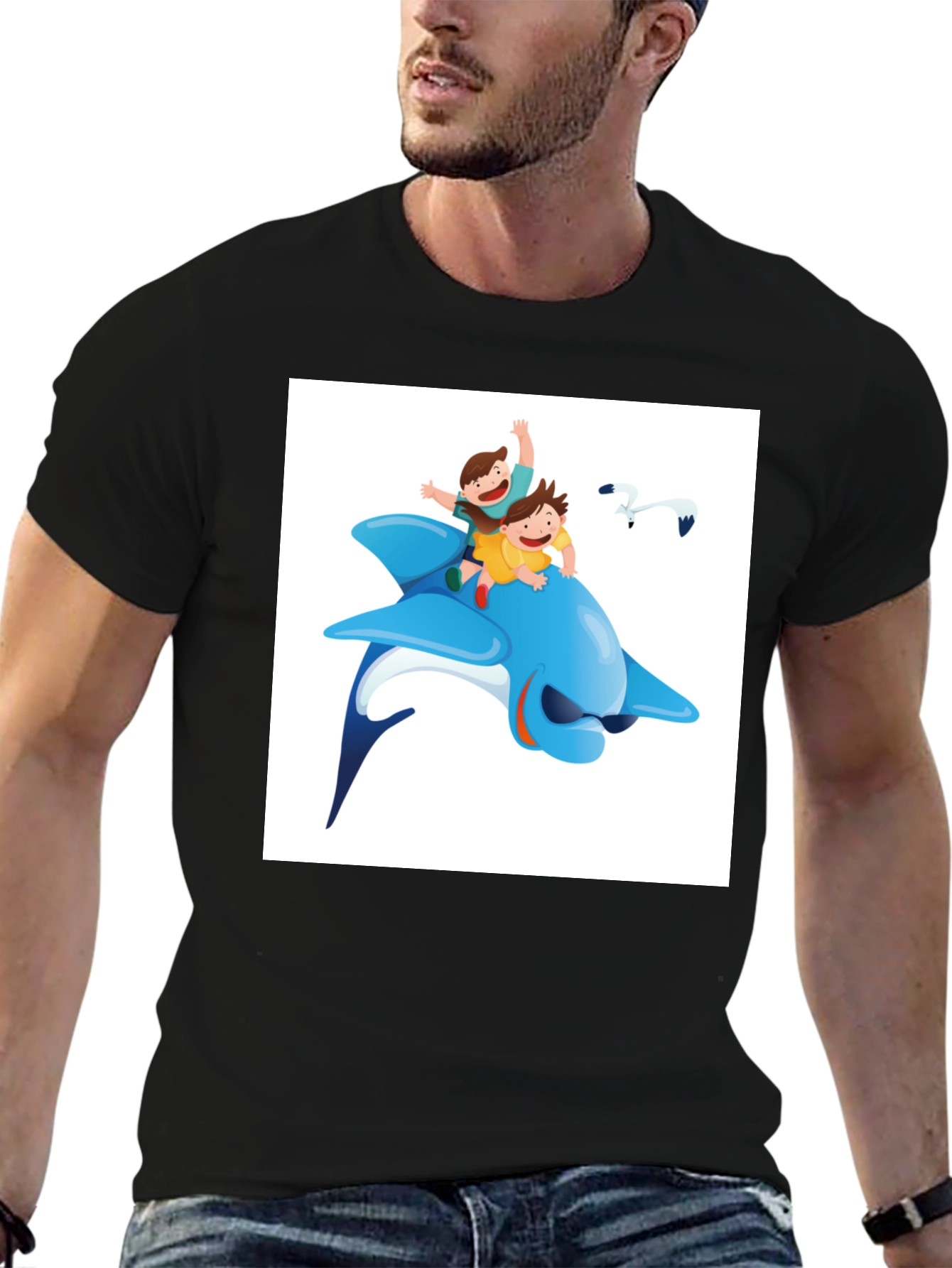 Cartoon Dolphin Ride Black T-Shirt