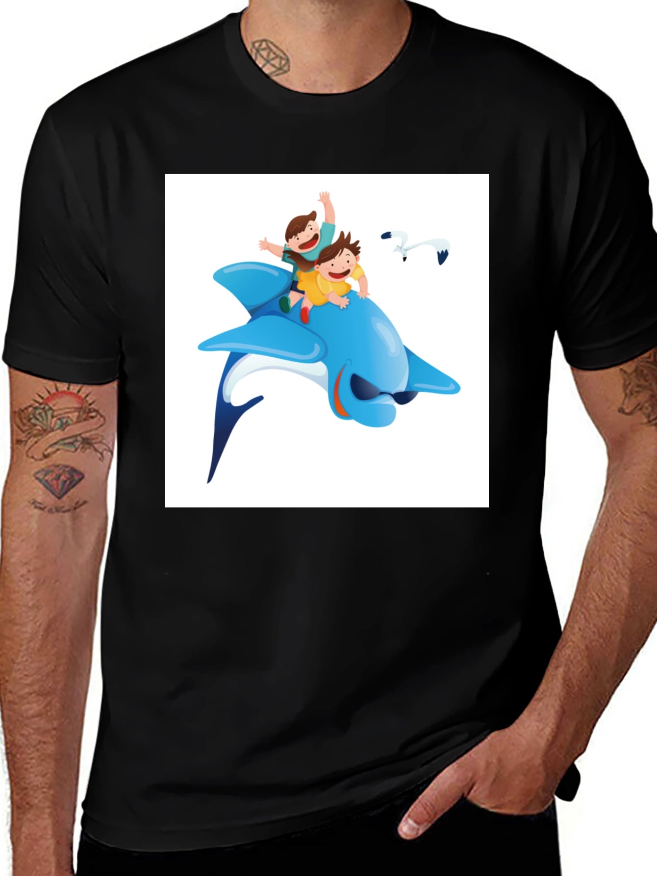 Cartoon Dolphin Ride Black T-Shirt