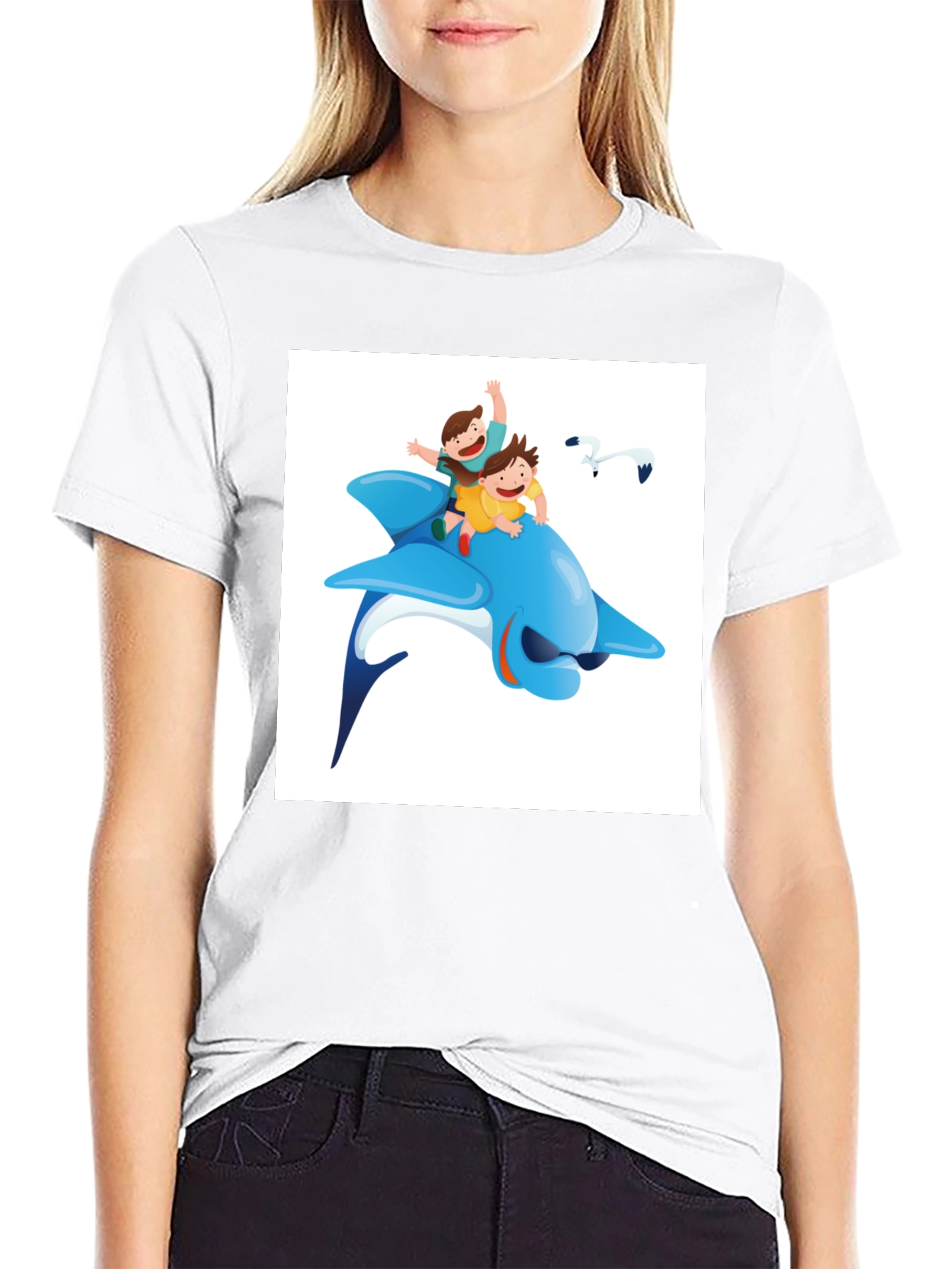 Cartoon Dolphin Ride Black T-Shirt