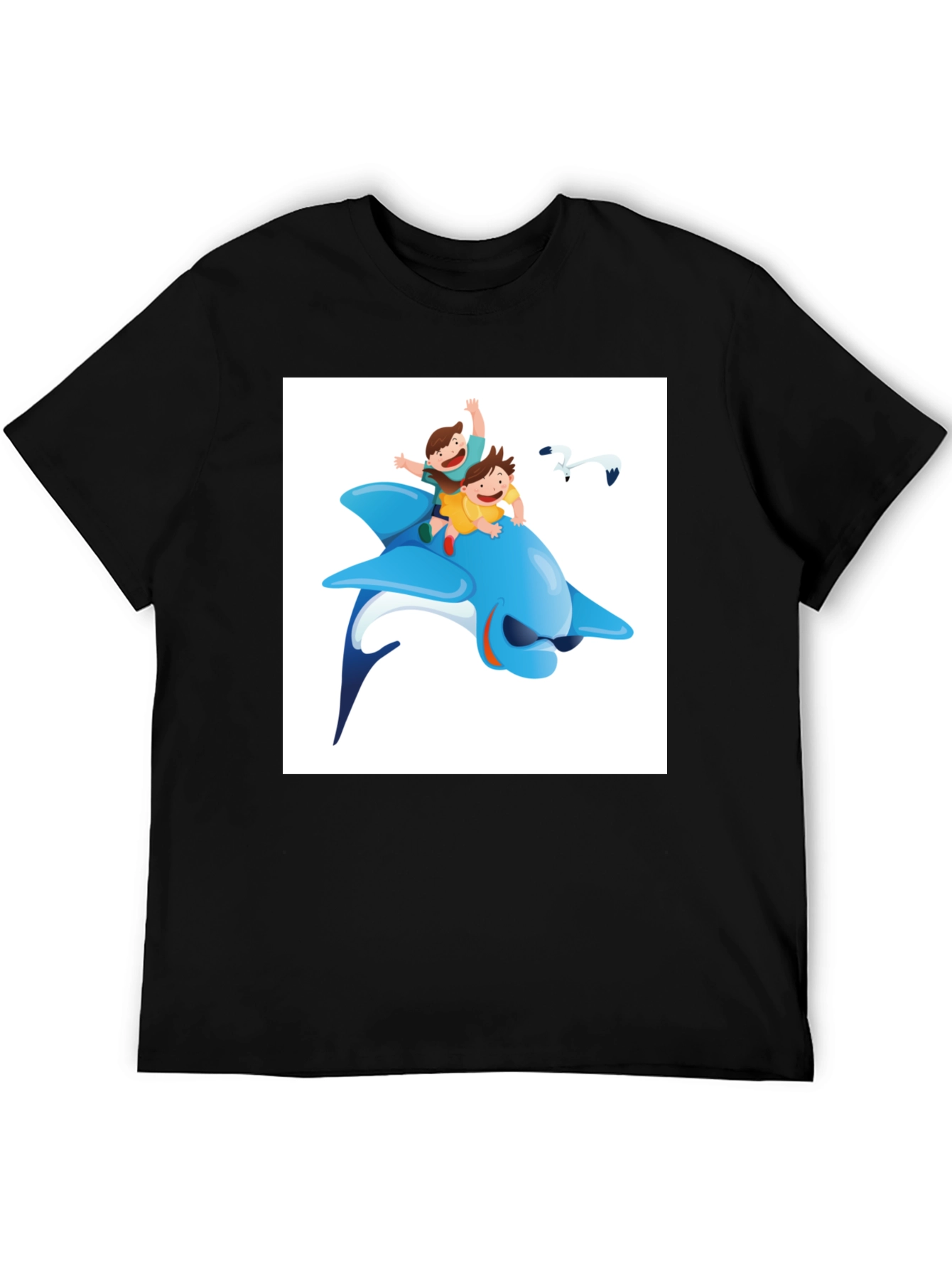 Cartoon Dolphin Ride Black T-Shirt