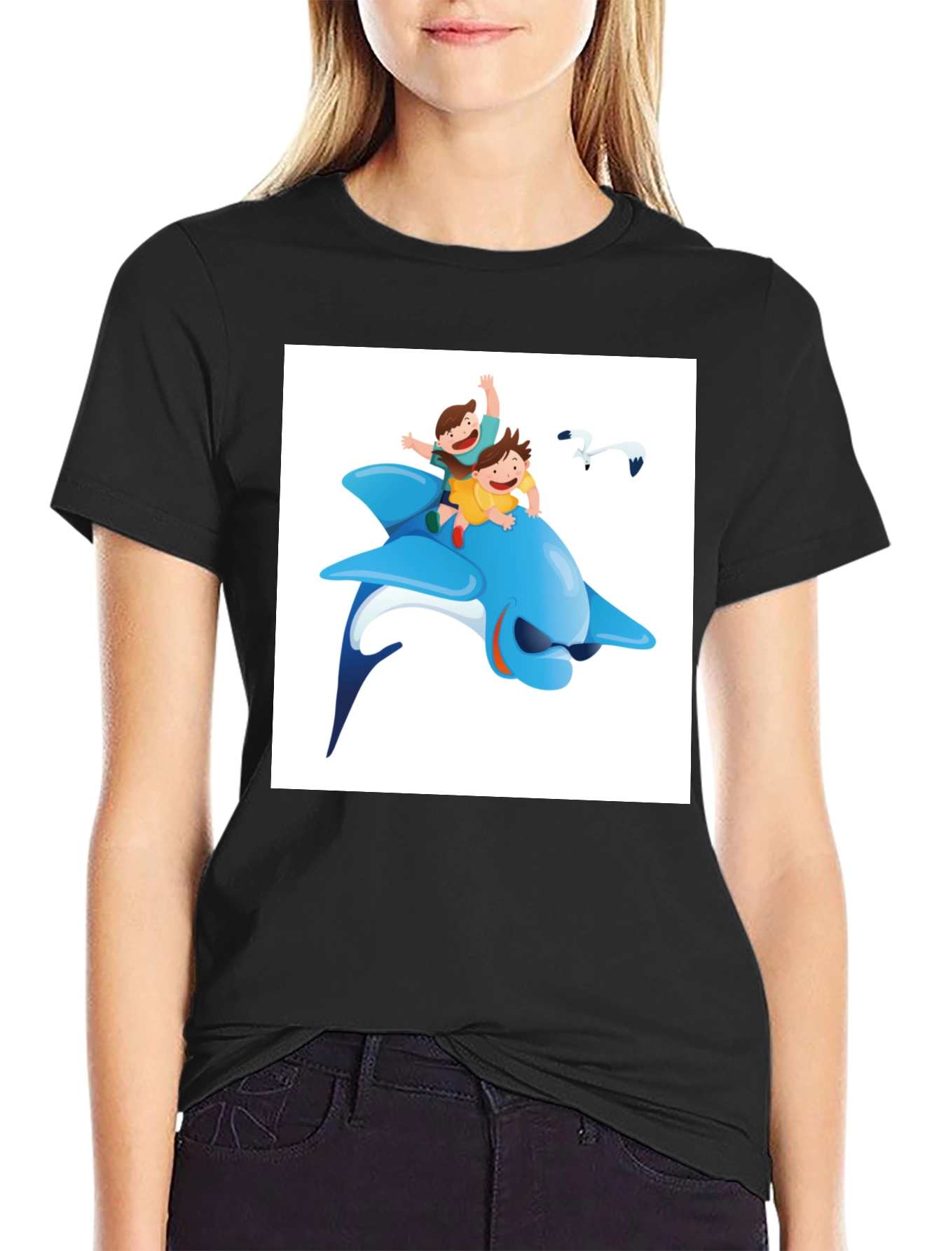 Cartoon Dolphin Ride Black T-Shirt