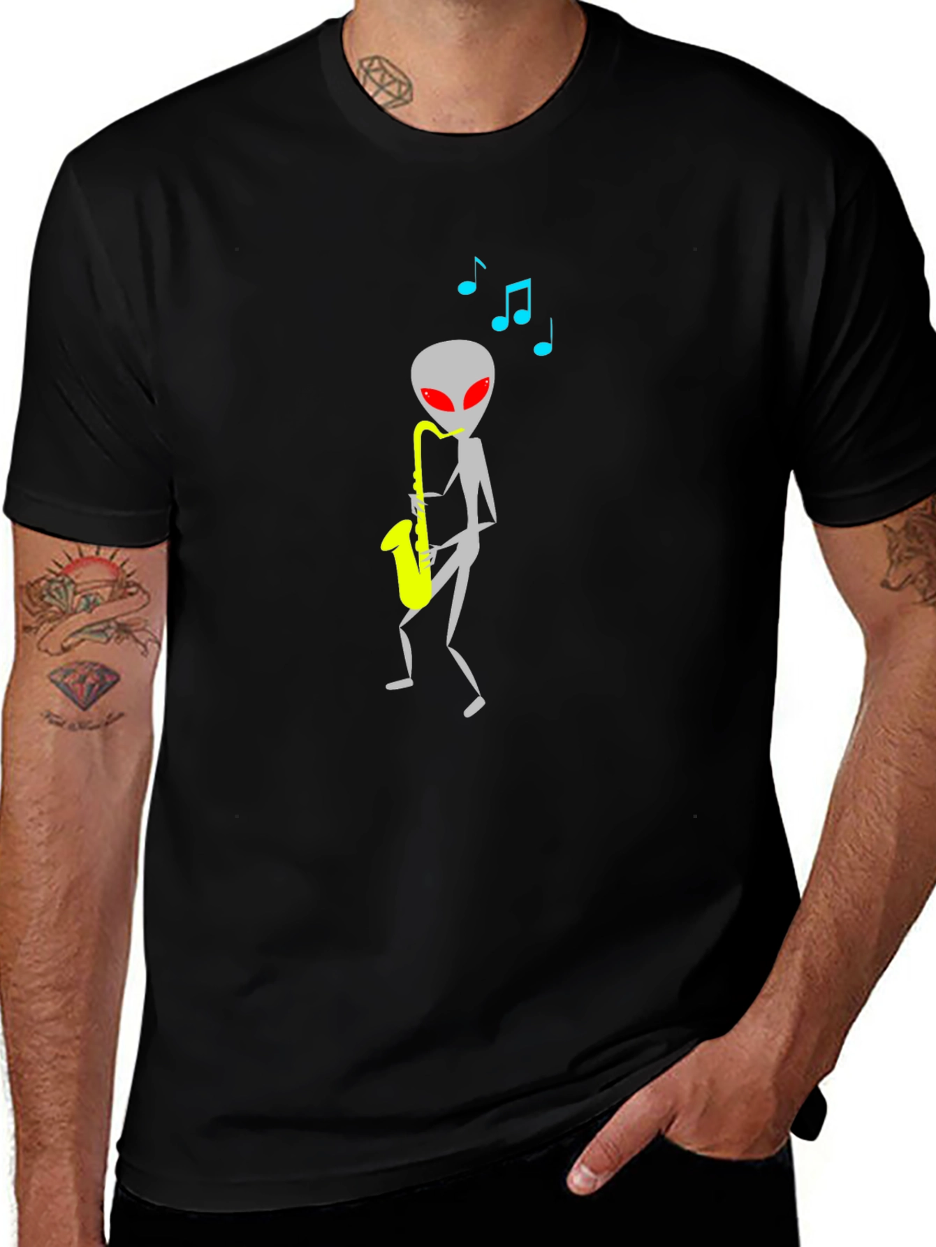 Alien Sax Player Black Graphic Tee