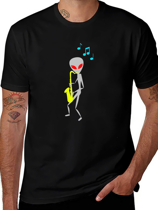 Alien Sax Player Black Graphic Tee