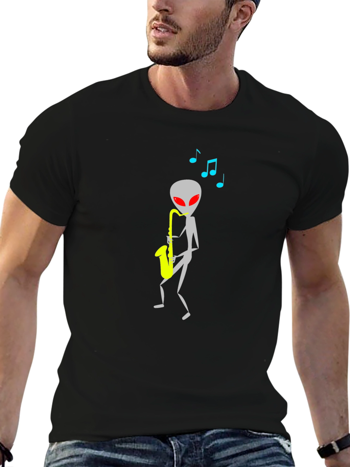 Alien Sax Player Black Graphic Tee