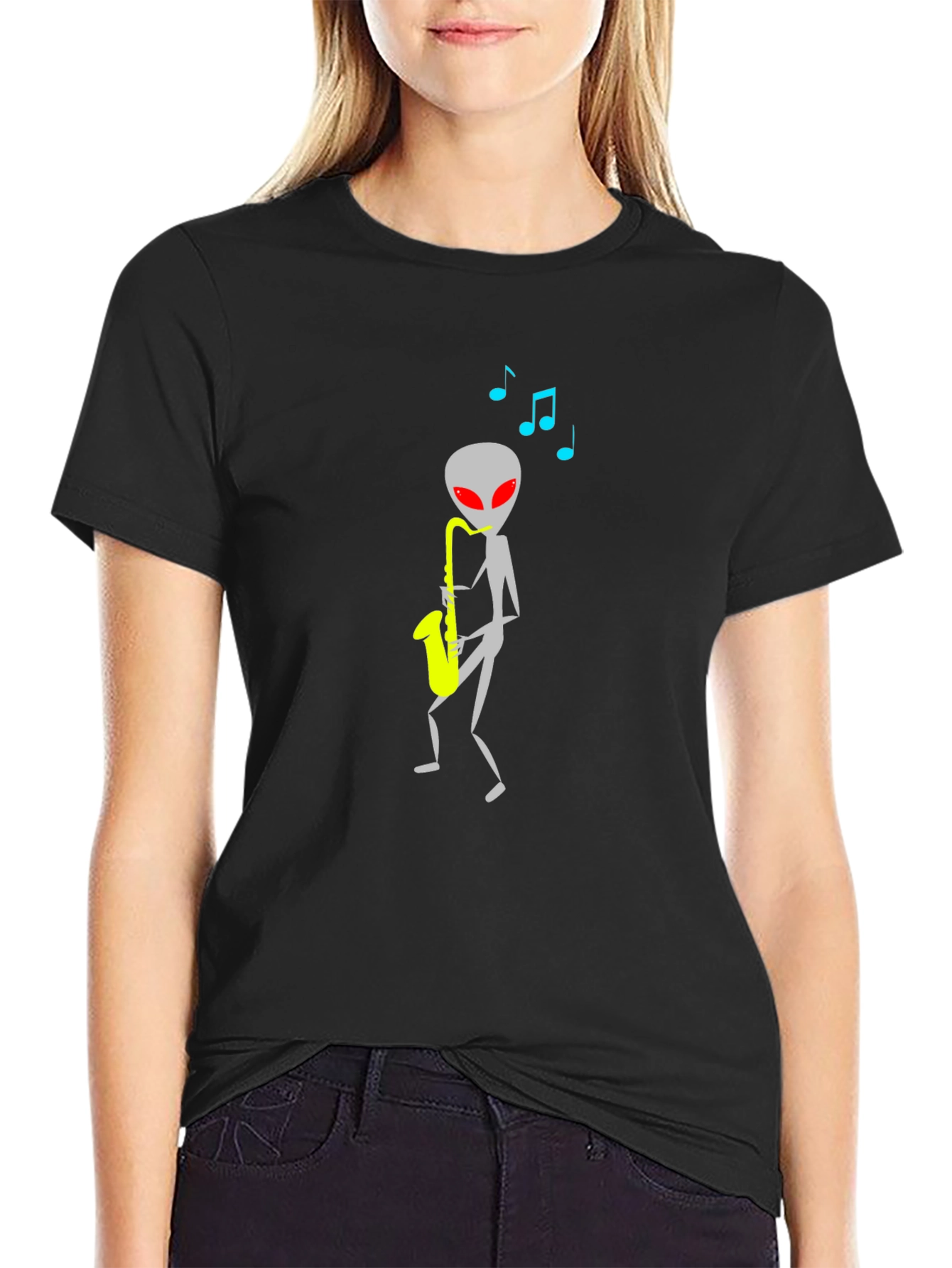 Alien Sax Player Black Graphic Tee