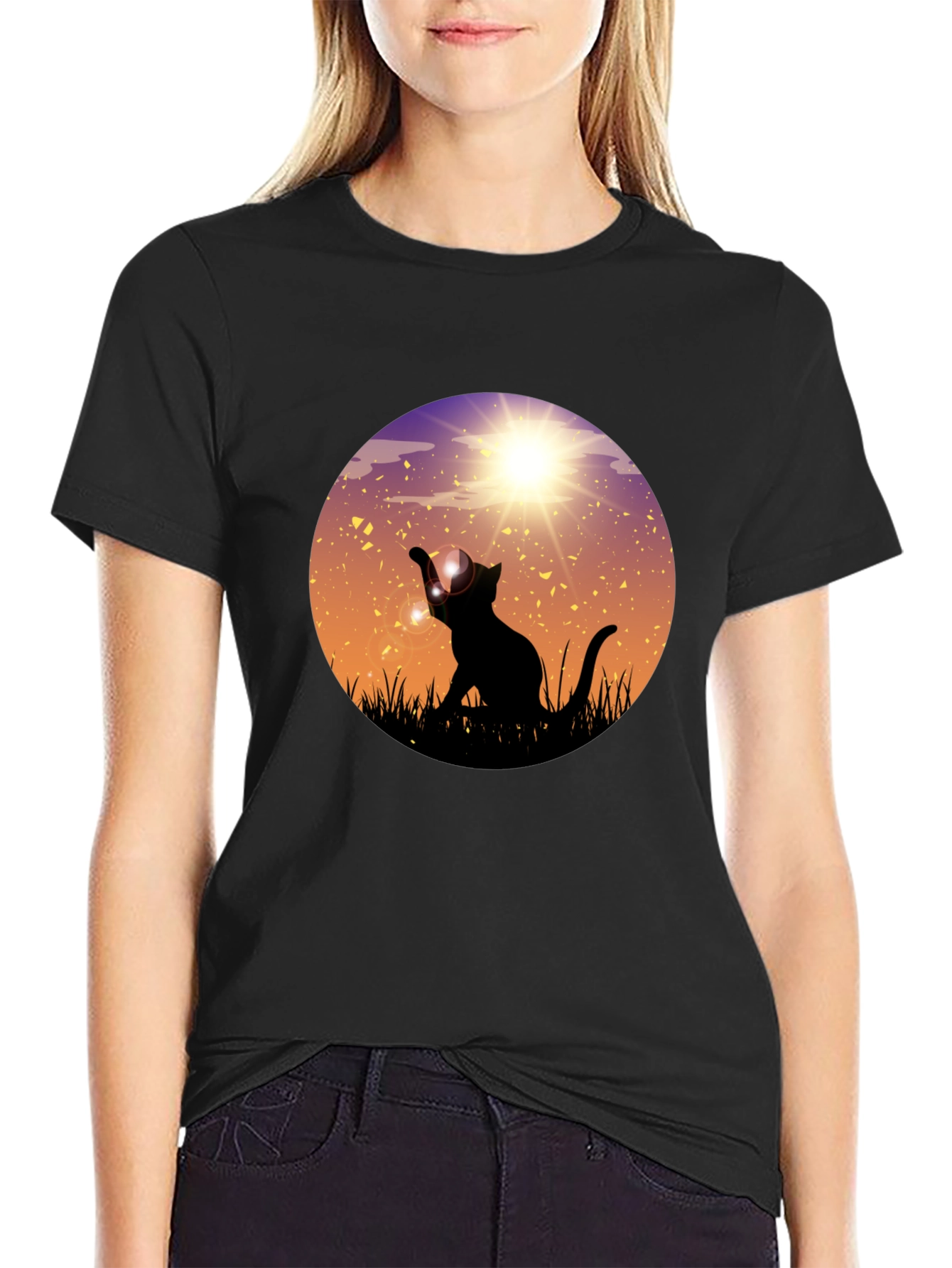 Sunset Cat Graphic Tee - Black Cotton Blend