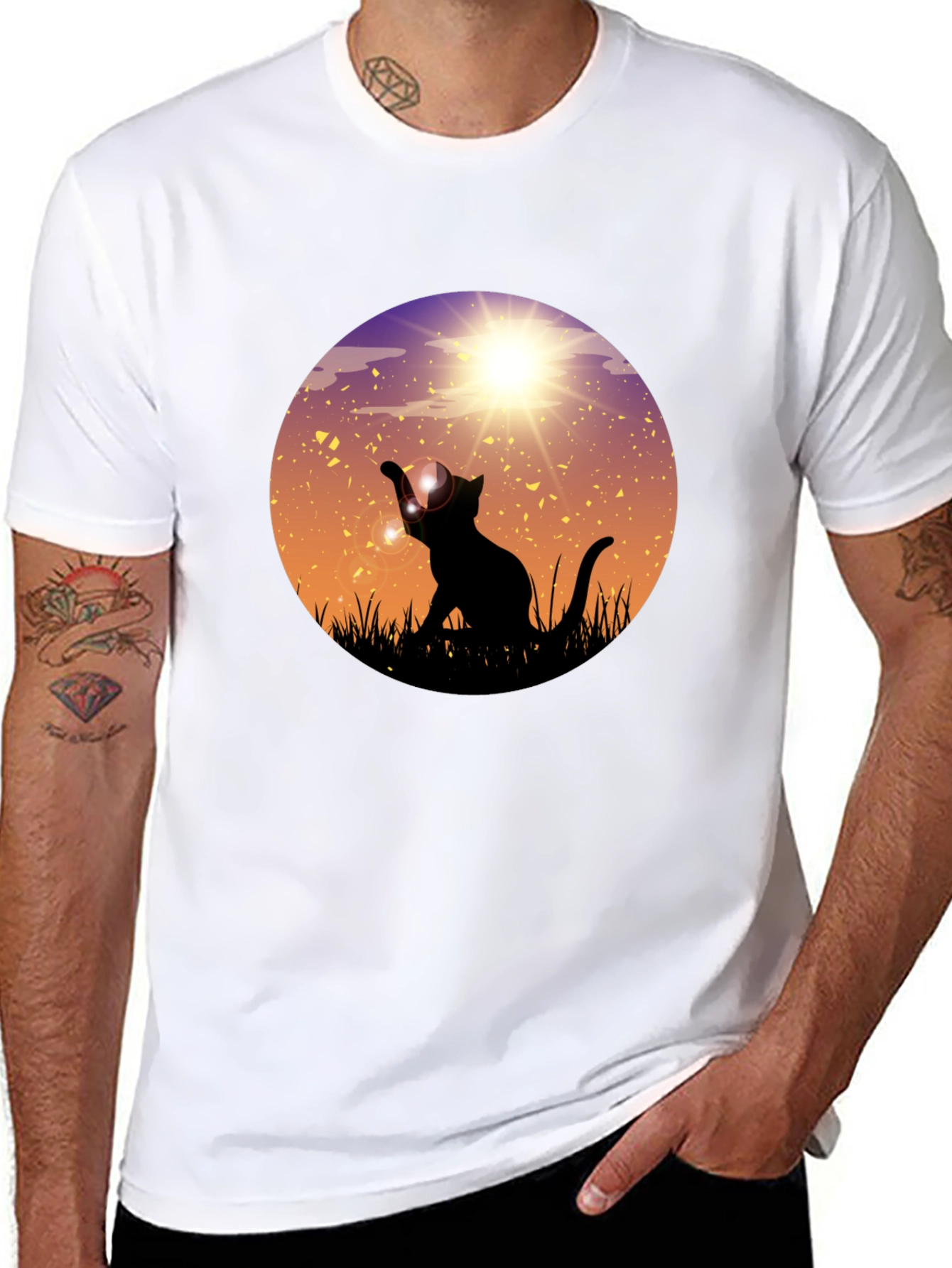 Sunset Cat Graphic Tee - Black Cotton Blend
