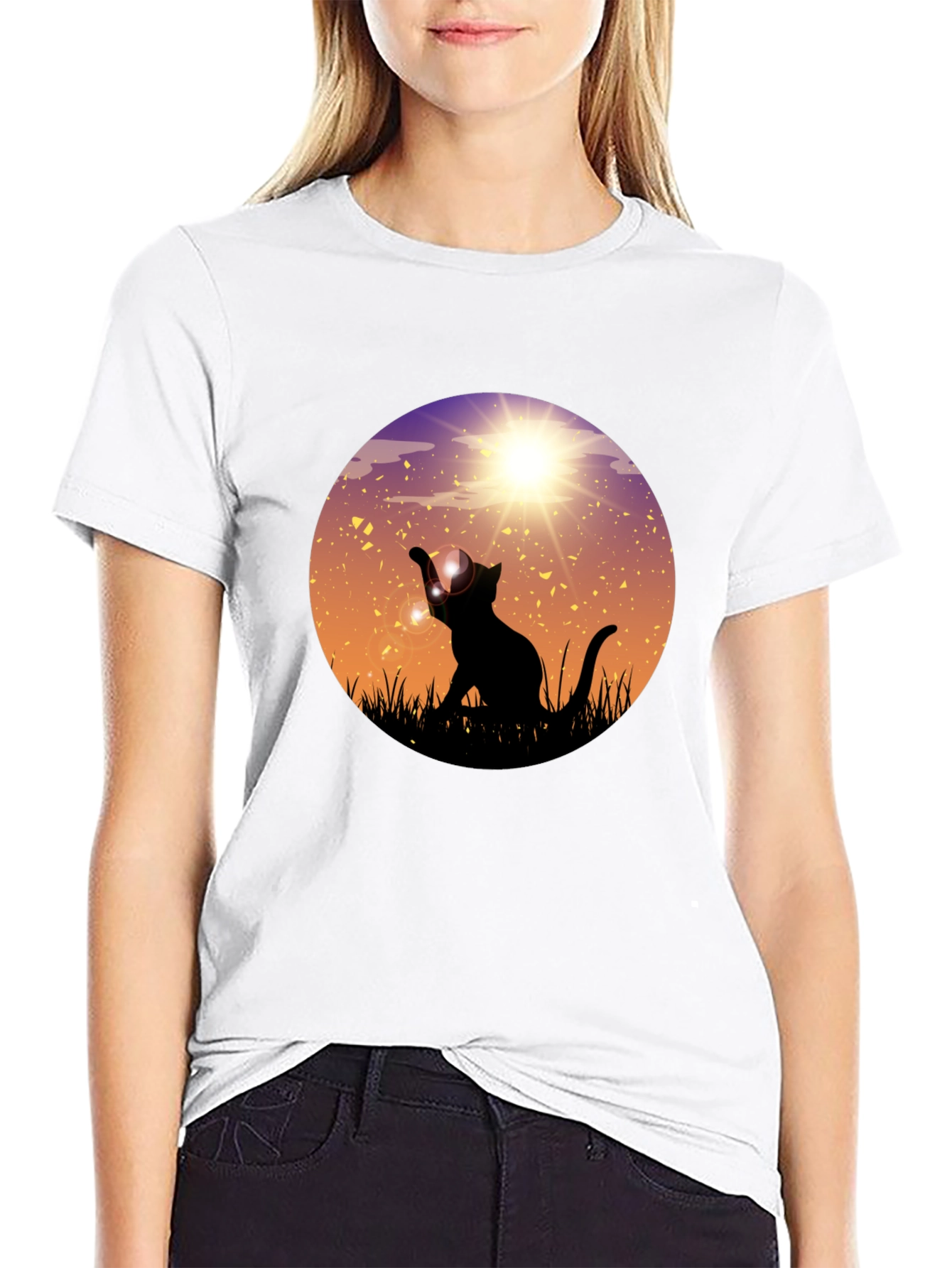 Sunset Cat Graphic Tee - Black Cotton Blend