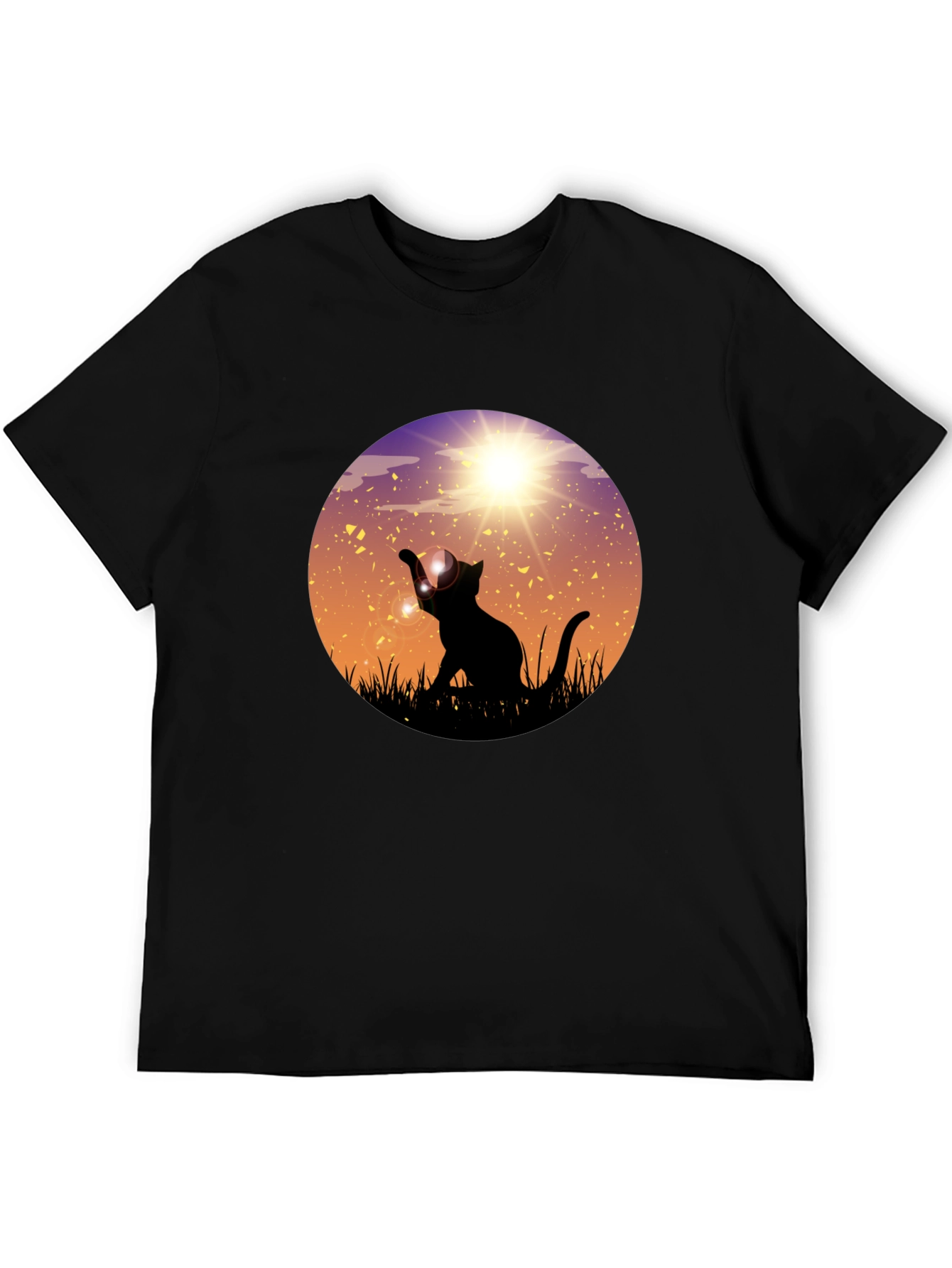 Sunset Cat Graphic Tee - Black Cotton Blend