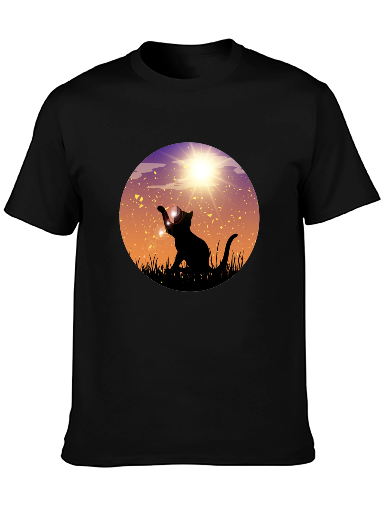 Sunset Cat Graphic Tee - Black Cotton Blend