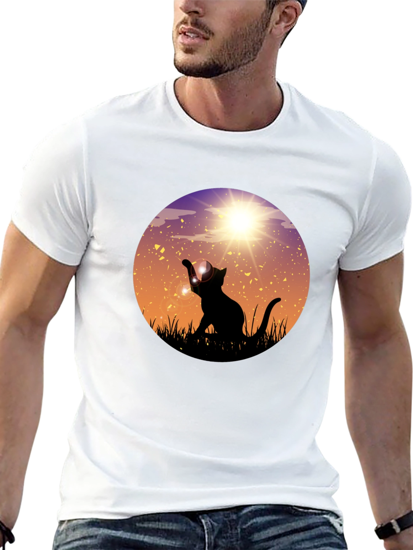 Sunset Cat Graphic Tee - Black Cotton Blend