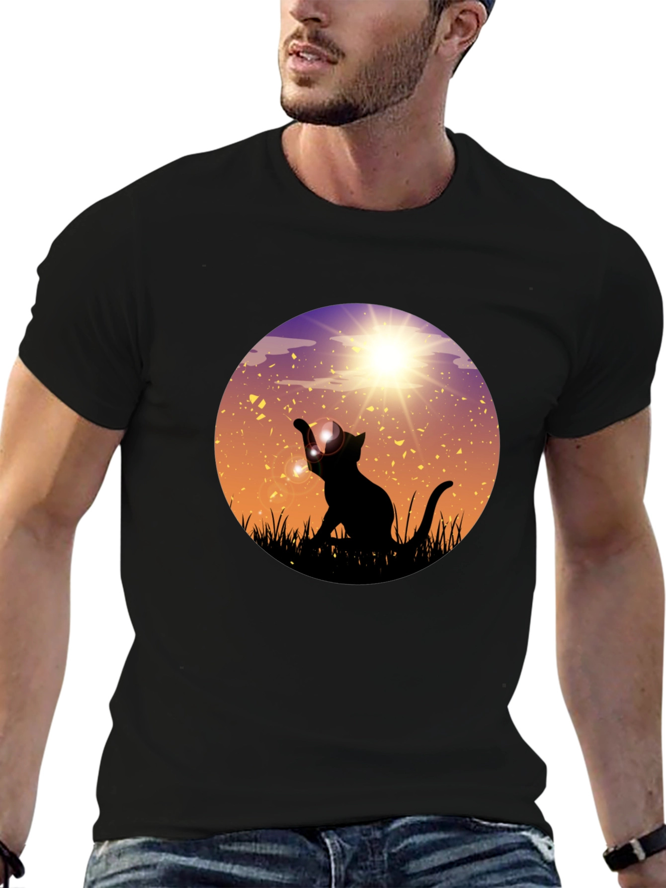 Sunset Cat Graphic Tee - Black Cotton Blend