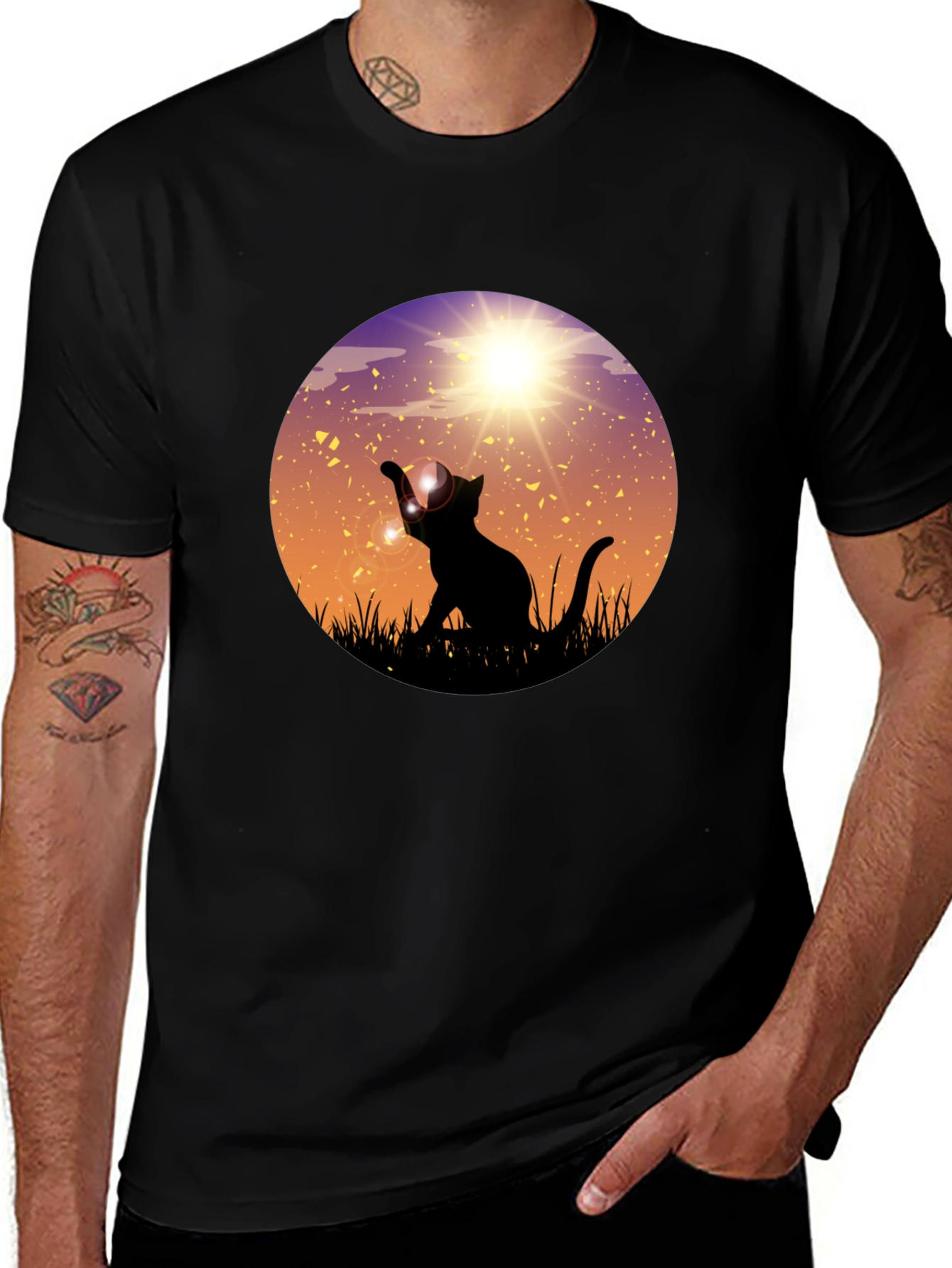 Sunset Cat Graphic Tee - Black Cotton Blend