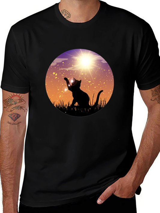 Sunset Cat Graphic Tee - Black Cotton Blend