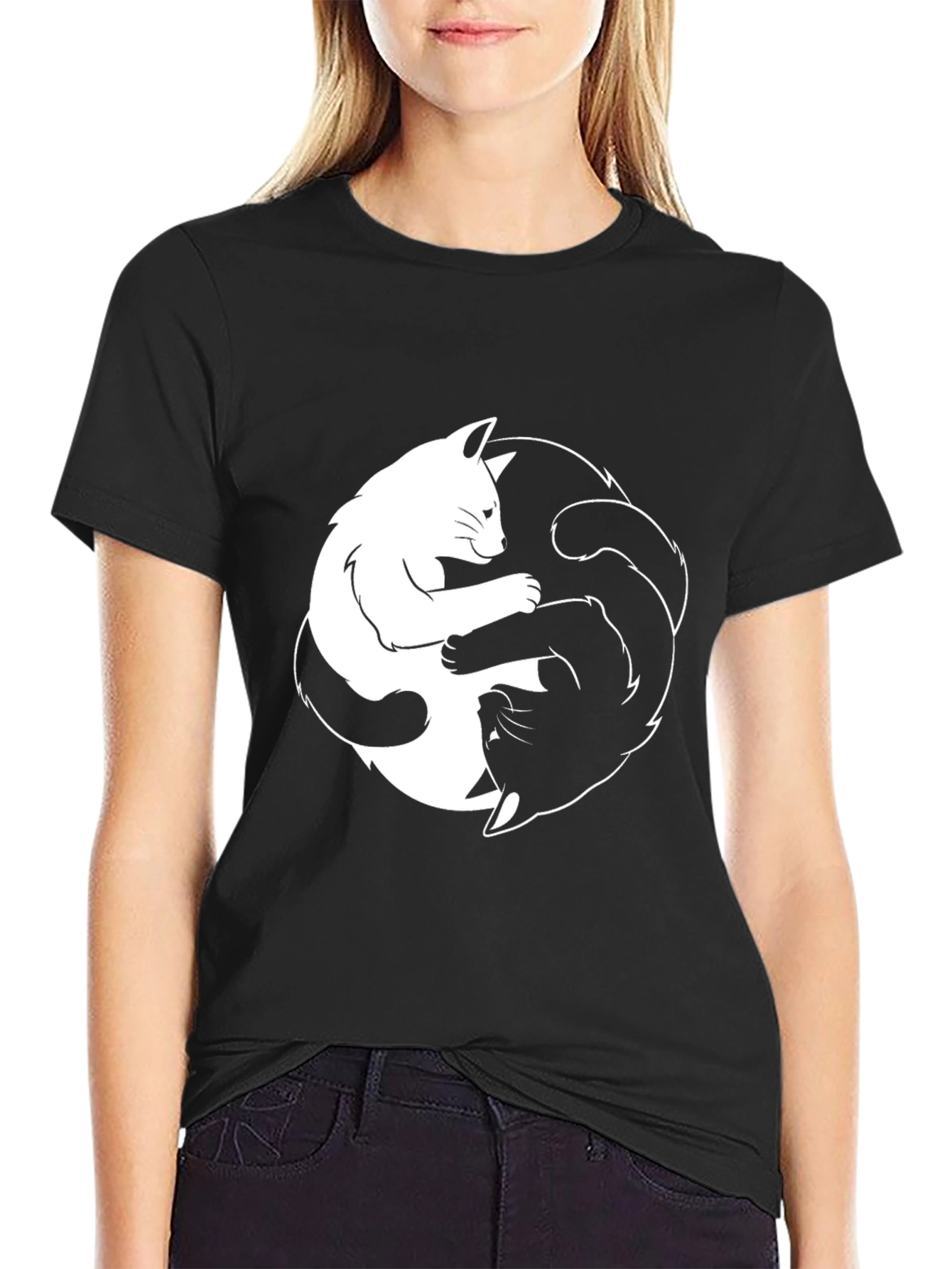 Yin Yang Cats Black T-Shirt - Balance & Harmony