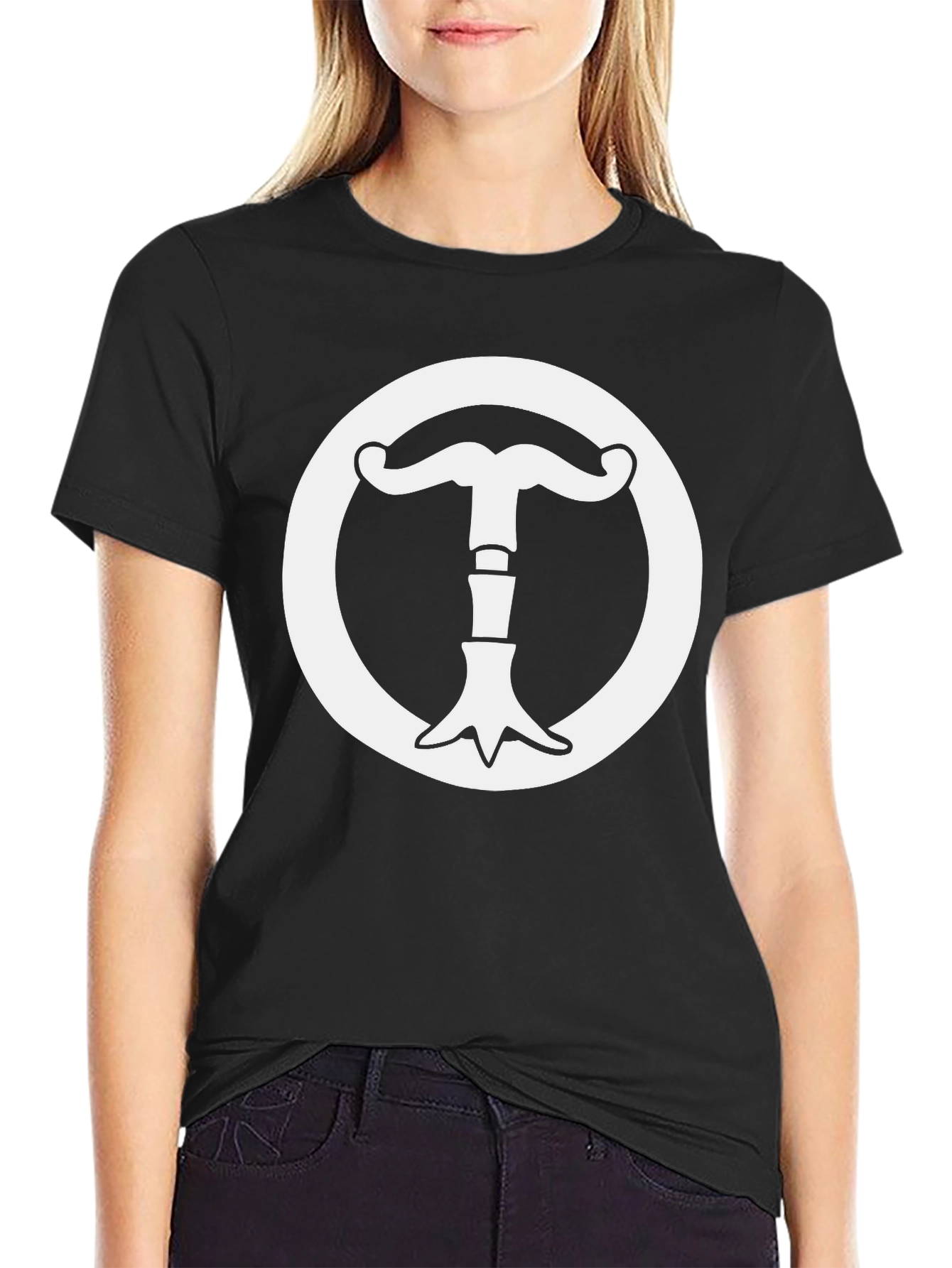 Black T-Shirt with White Mustache Circle Graphic