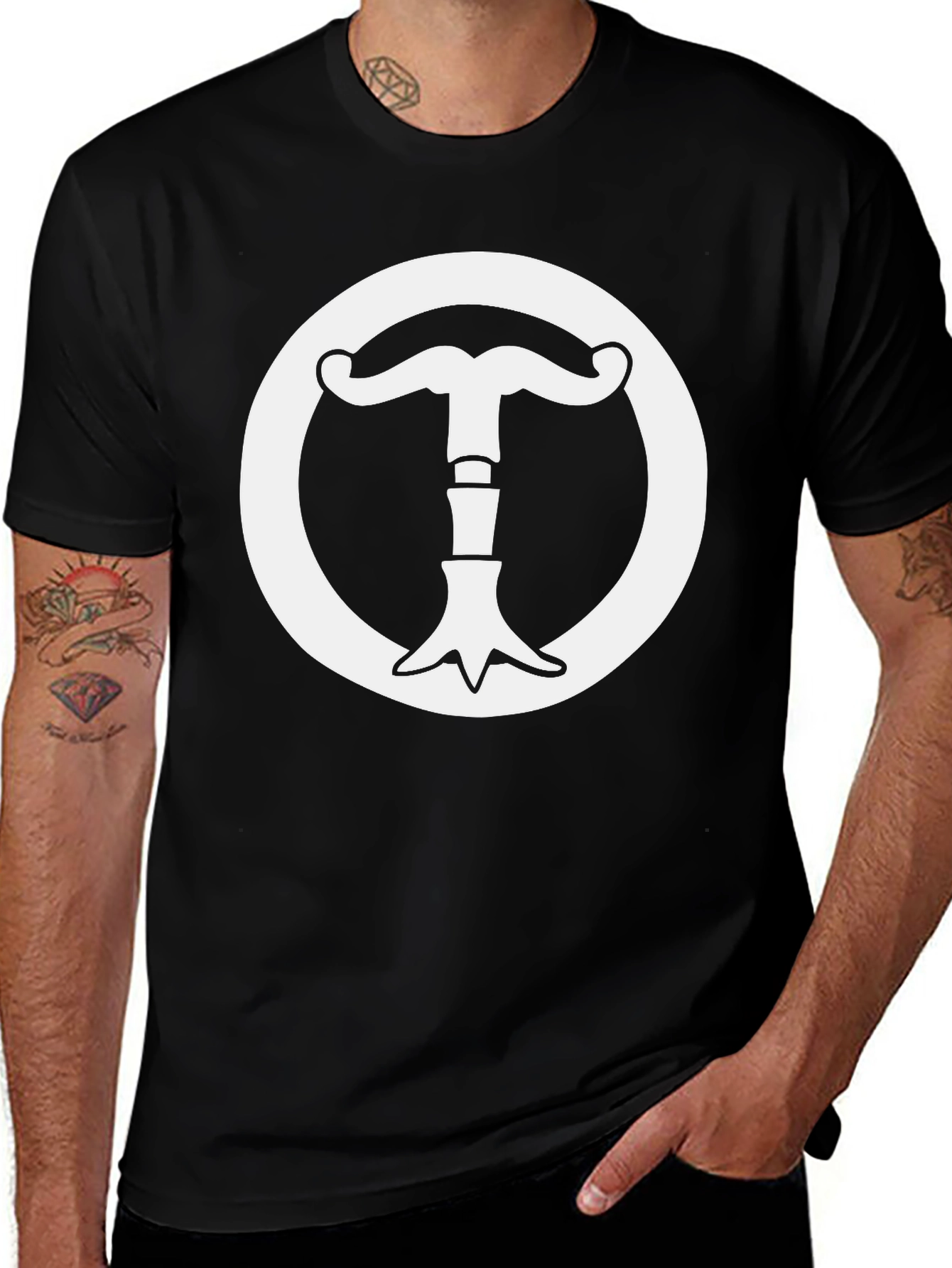 Black T-Shirt with White Mustache Circle Graphic