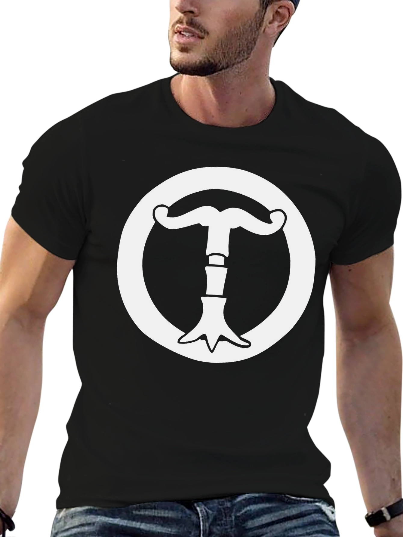 Black T-Shirt with White Mustache Circle Graphic