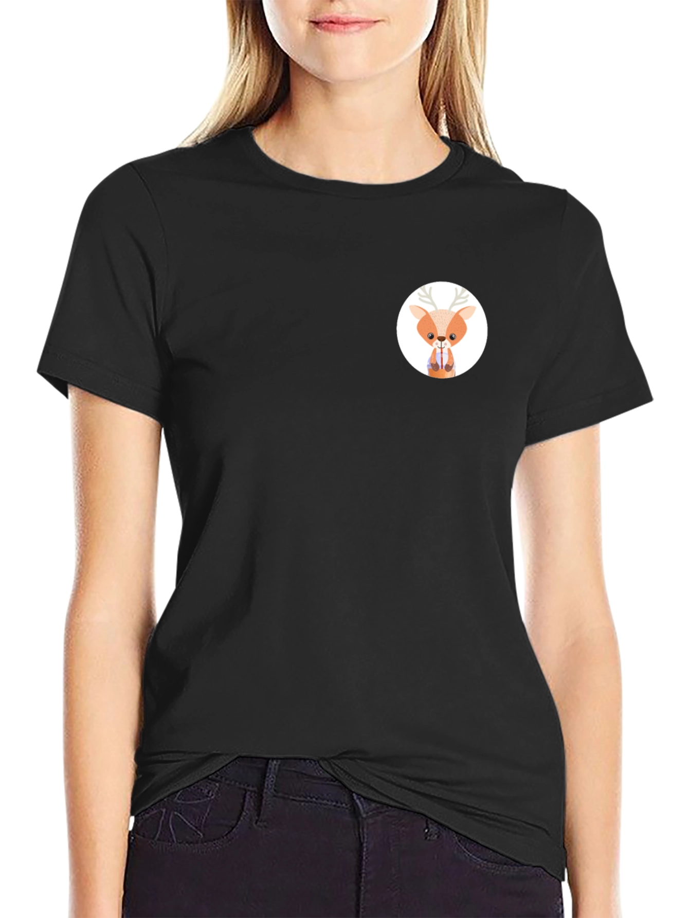 Black T-Shirt with Cute Deer Graphic