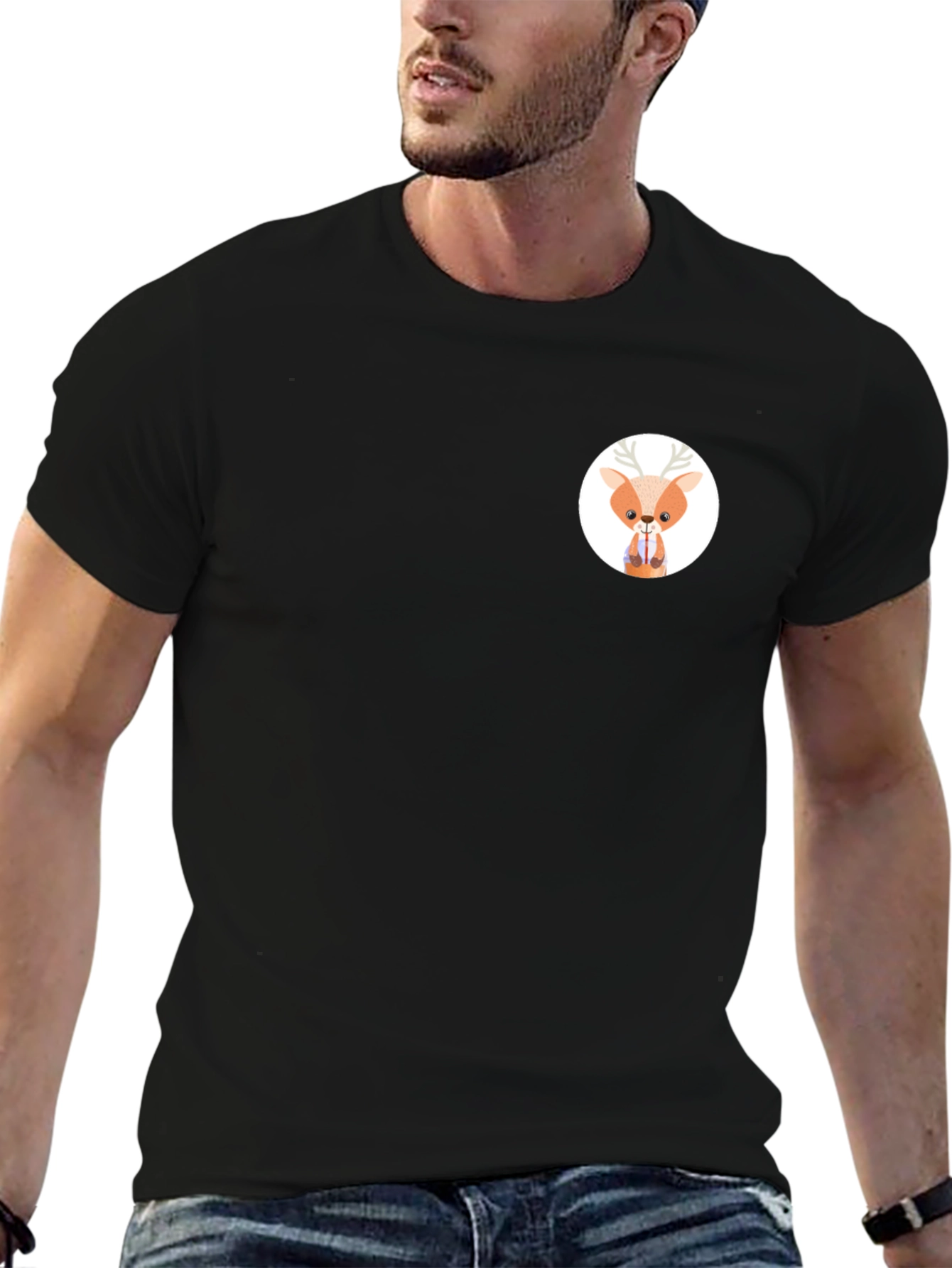Black T-Shirt with Cute Deer Graphic
