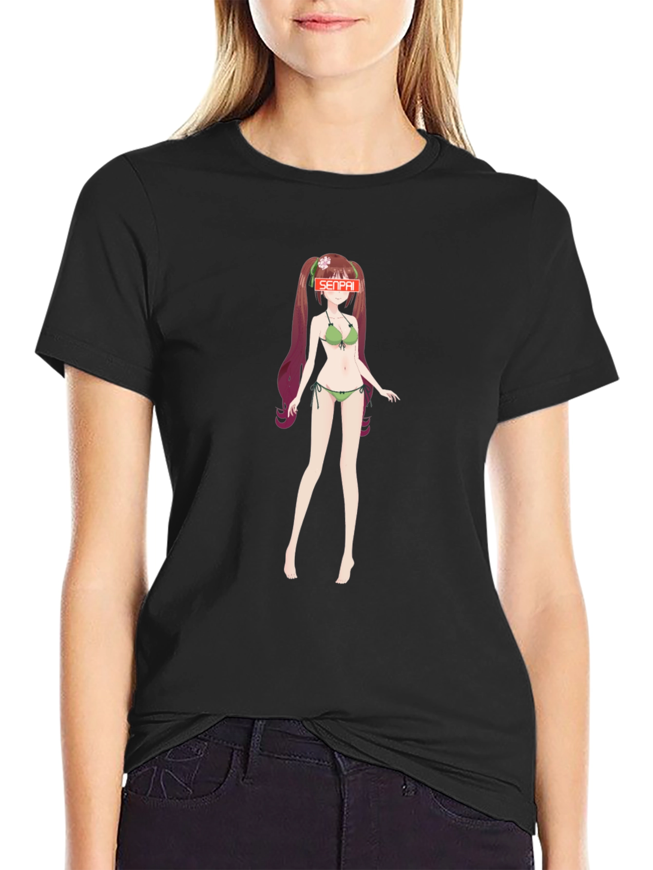 Anime Girl Senpai Graphic T-Shirt - Black