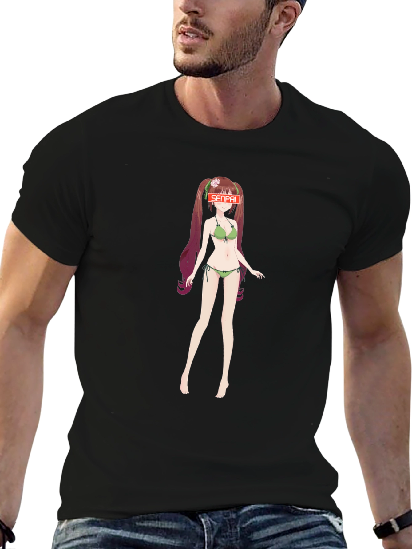 Anime Girl Senpai Graphic T-Shirt - Black