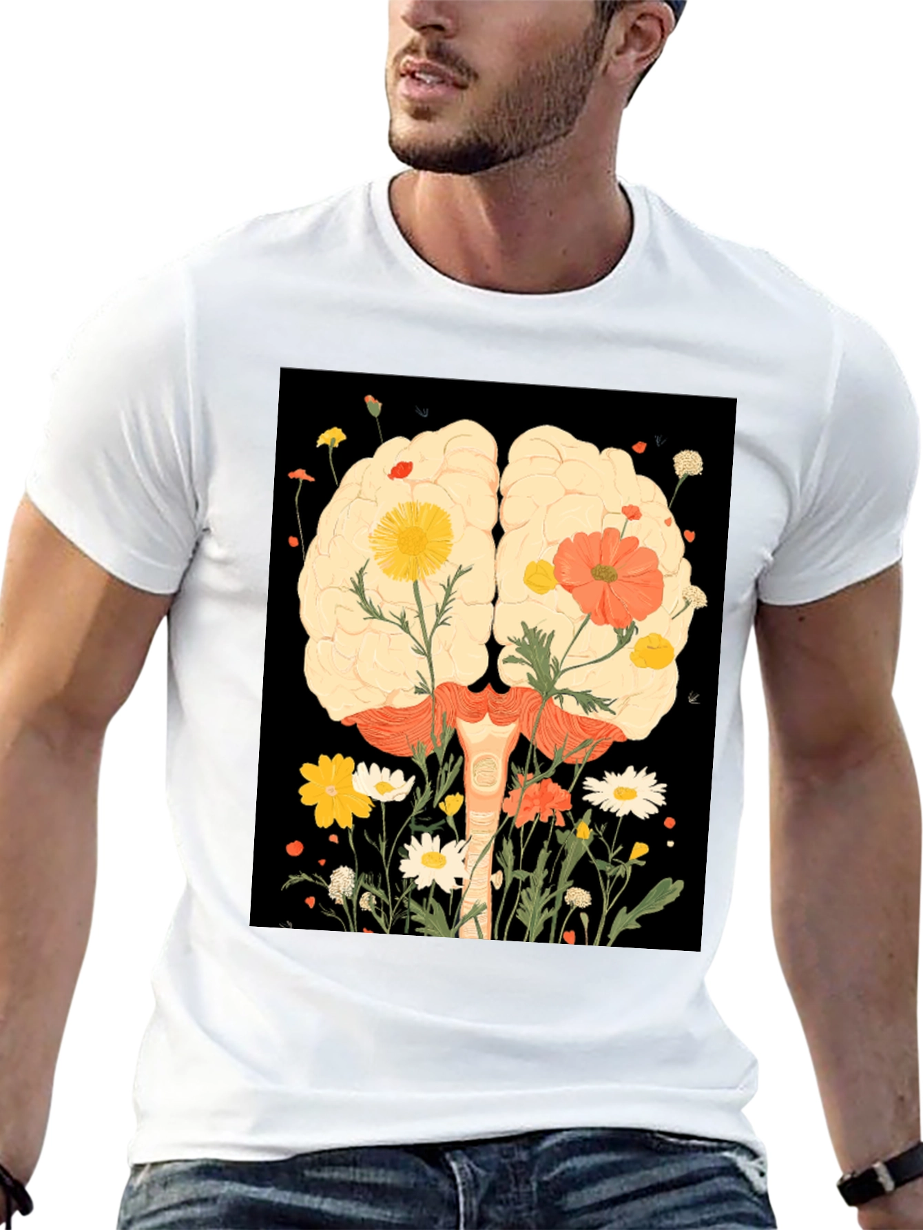 Brain and Flower Graphic Print T-Shirt