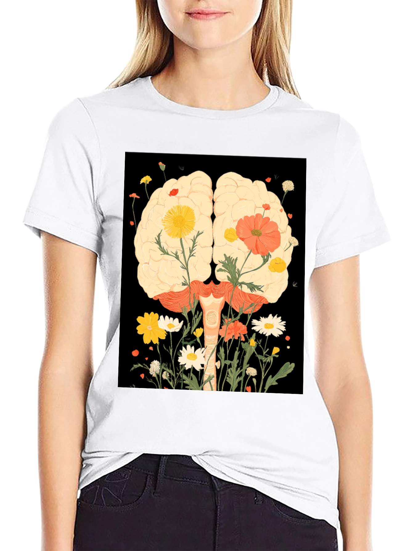 Brain and Flower Graphic Print T-Shirt