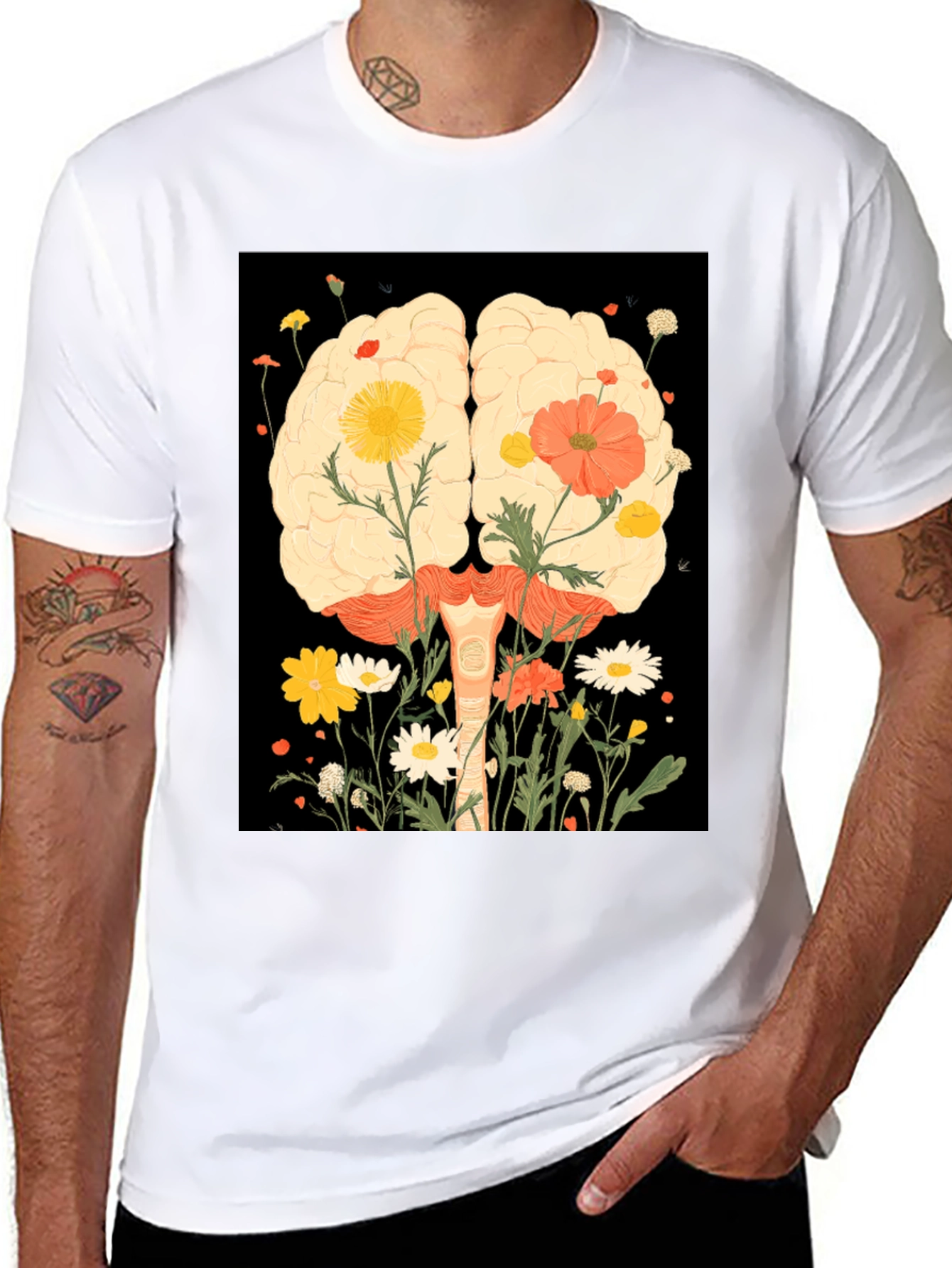 Brain and Flower Graphic Print T-Shirt